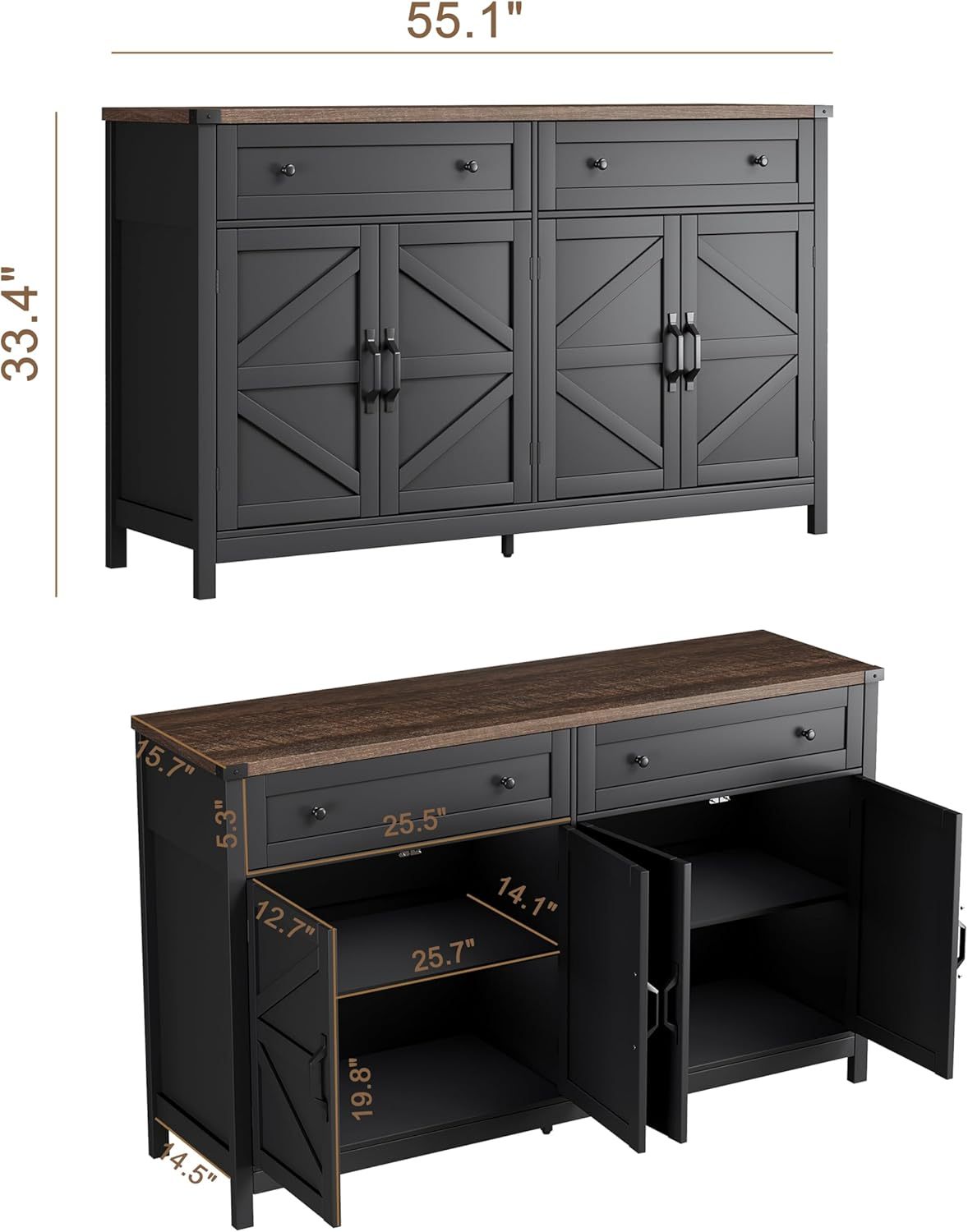 Sideboard Buffet Cabinet with Storage, Buffet Storage Cabinet with 2 Drawers and 4 Barn Doors