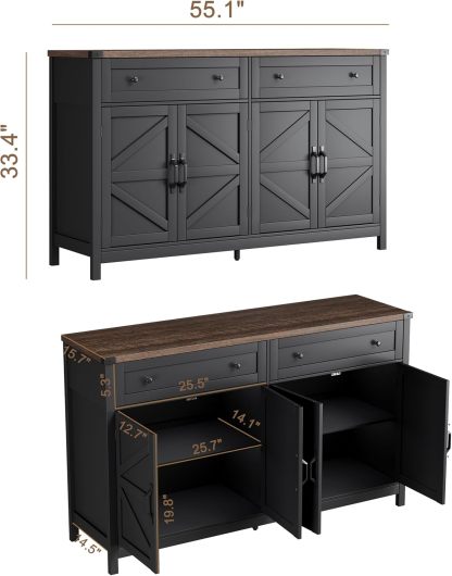Sideboard Buffet Cabinet with Storage, Buffet Storage Cabinet with 2 Drawers and 4 Barn Doors