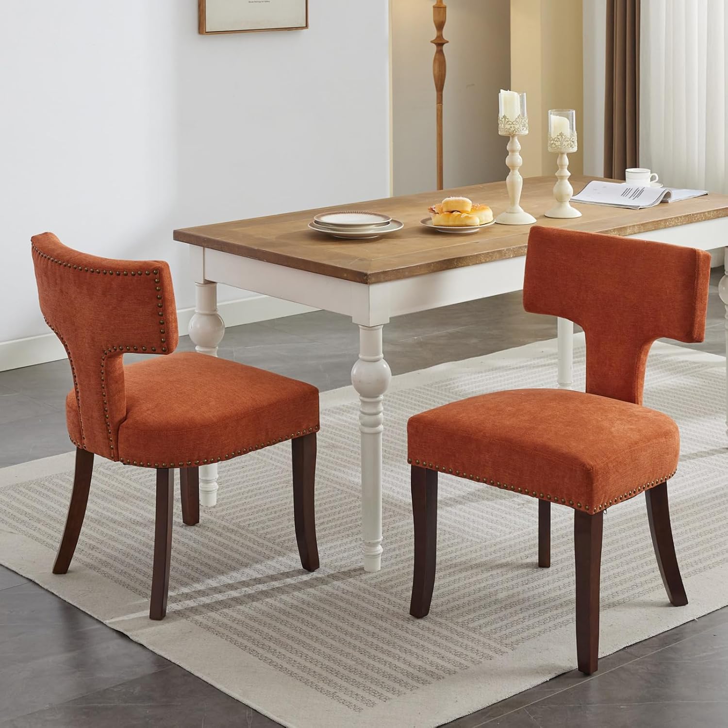 Mid Century Dining Chairs Set of 2, Linen Upholstered Side Chairs with Nailhead Trim, Leisure Accent Chairs