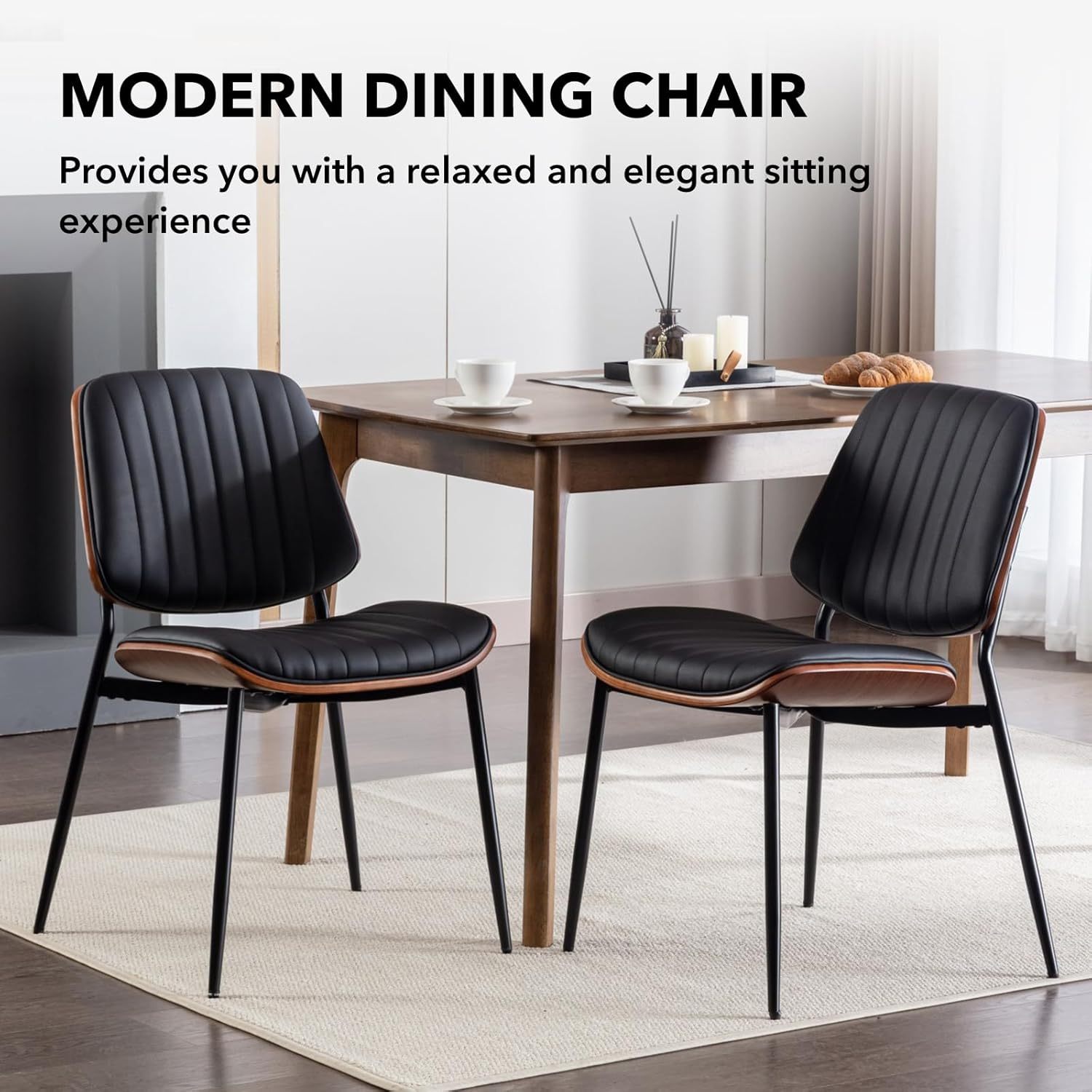 Dining Chairs Set of 2, PU Leather Upholstered Side Chairs with Open Back, Tufted Kitchen Chairs with Metal Legs