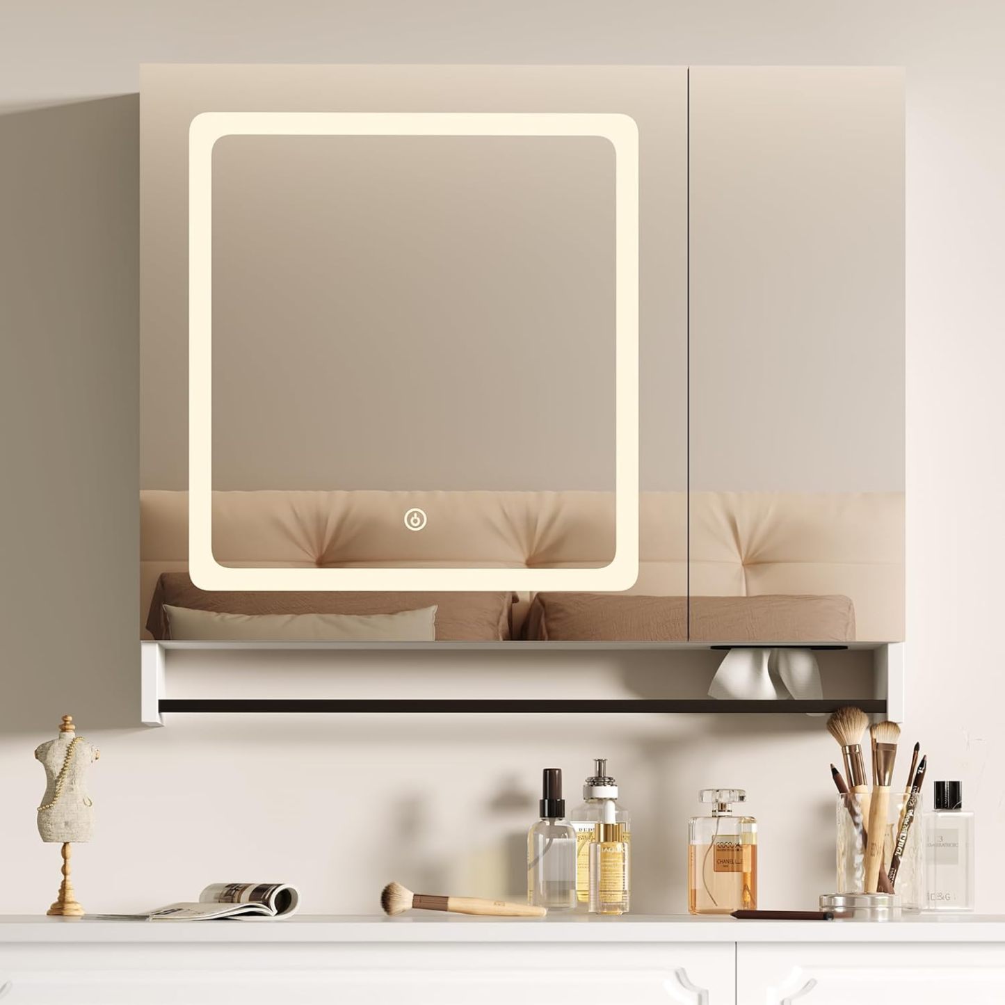 Lighted Medicine Cabinet with Mirror, Bathroom Wall Cabinet with Mirror Doors