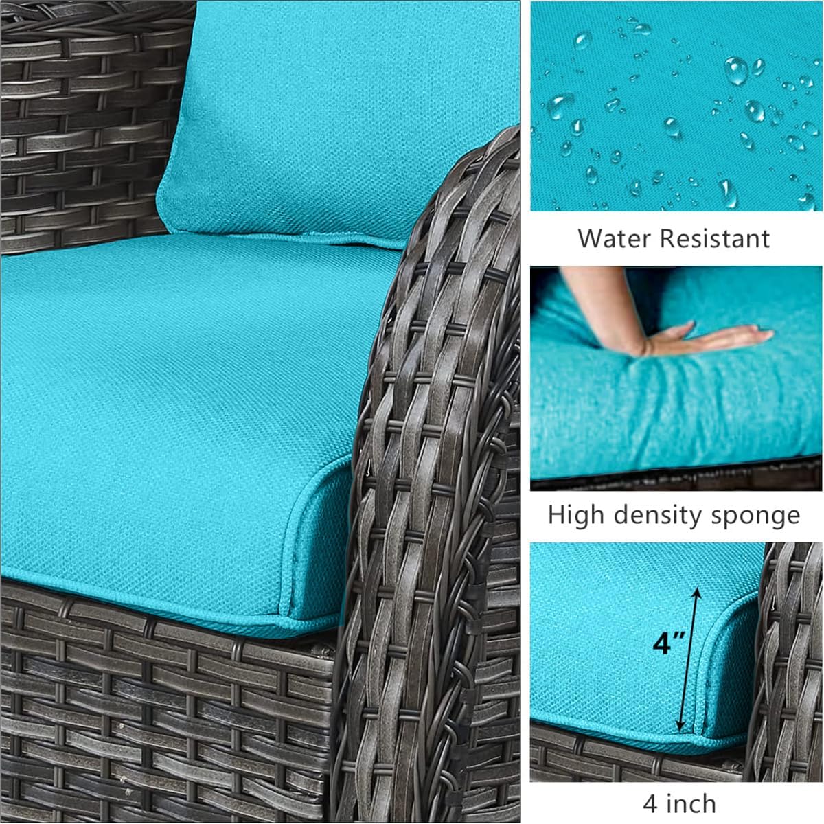 3-Piece Swivel Rocking Rattan Chair Outdoor,Patio Bistro Furniture Conversation Set,Wicker Chair with Glass Side Table