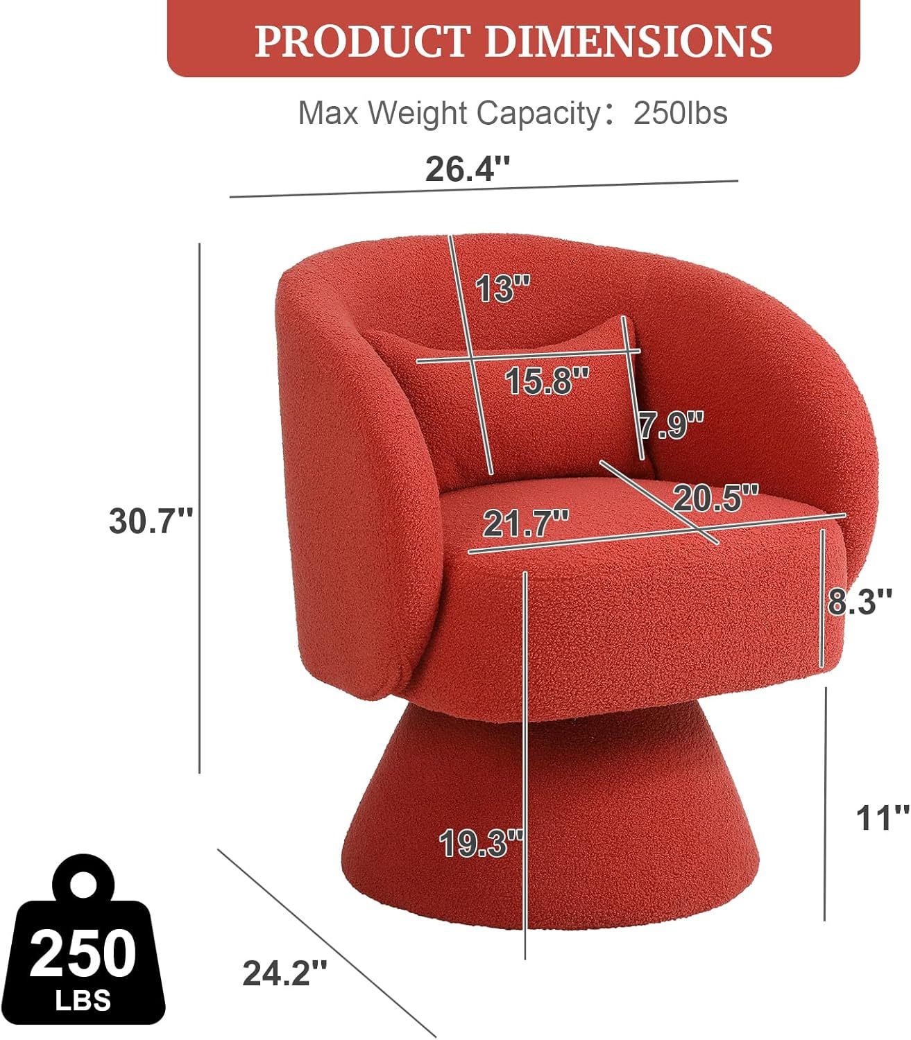 Swivel Barrel Chair, Teddy Accent Sofa Chair, Club Chair with Pillow, Arm Chair with Flared Base