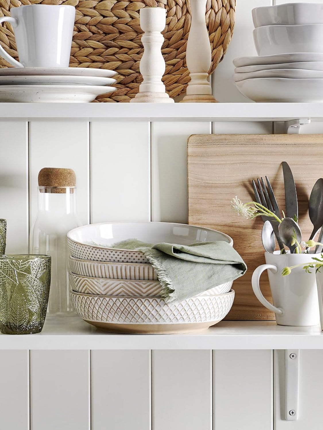 Pasta Bowls 46oz, Large Salad Bowl, Ceramic Serving Plate, House-warming Wedding Present, Embossment Stoneware Bowl for Fruits