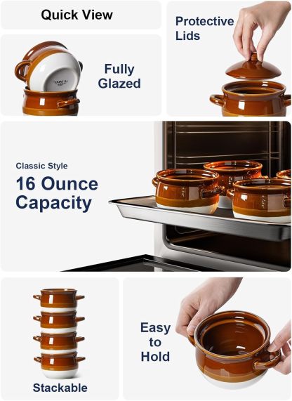 French Onion Soup Bowls with Lid, 16 Oz French Onion Soup Crocks Oven Safe Ceramic Soup Bowls with Handles for Soup, Chili, Beef Stew, Cereal, Pot Pies, Set of 4