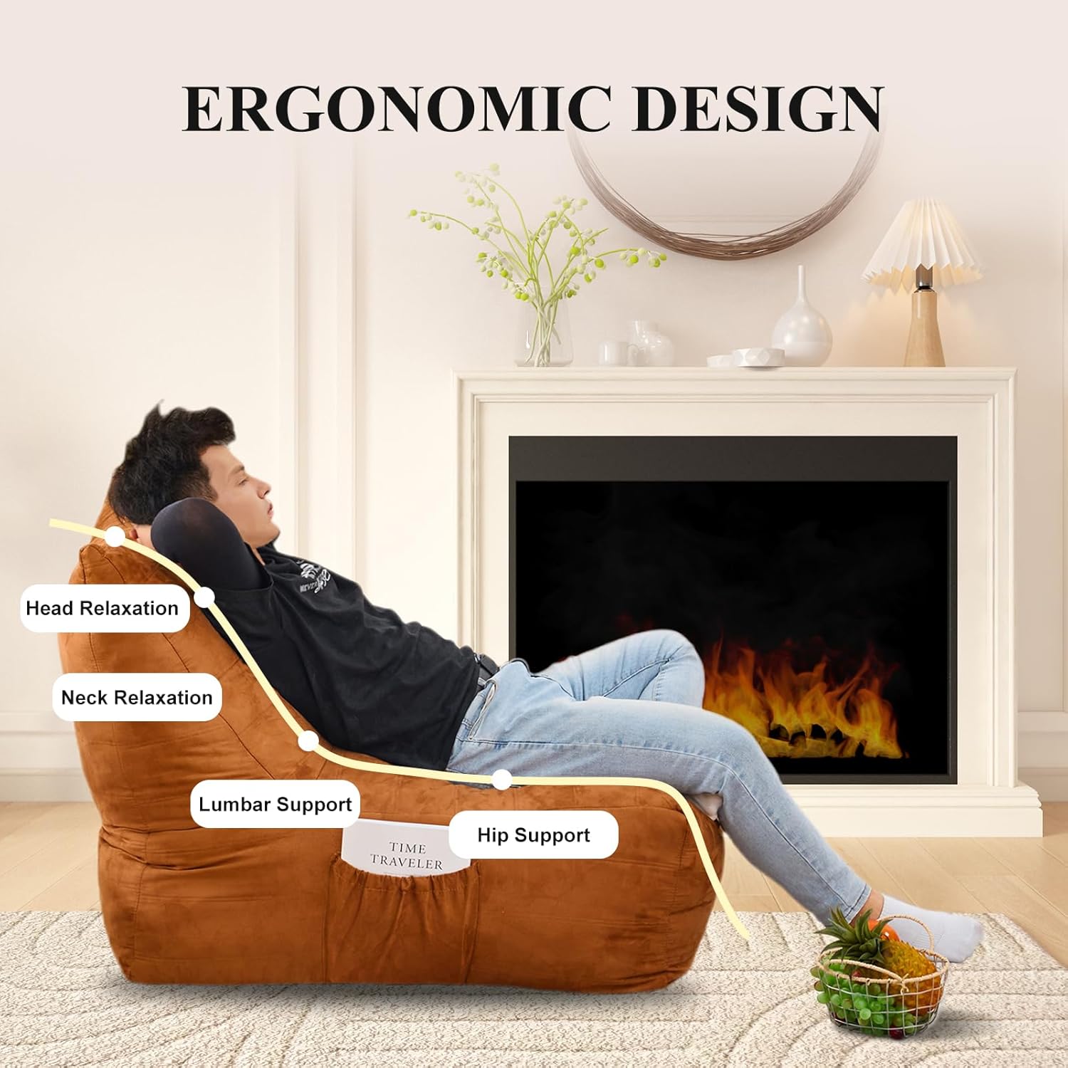 Bean Bag Chair for Adult, Suede Upholstered Bean Bag Sofa with Large Pocket, Stuffed Beanbag Chair with Pull-Ring