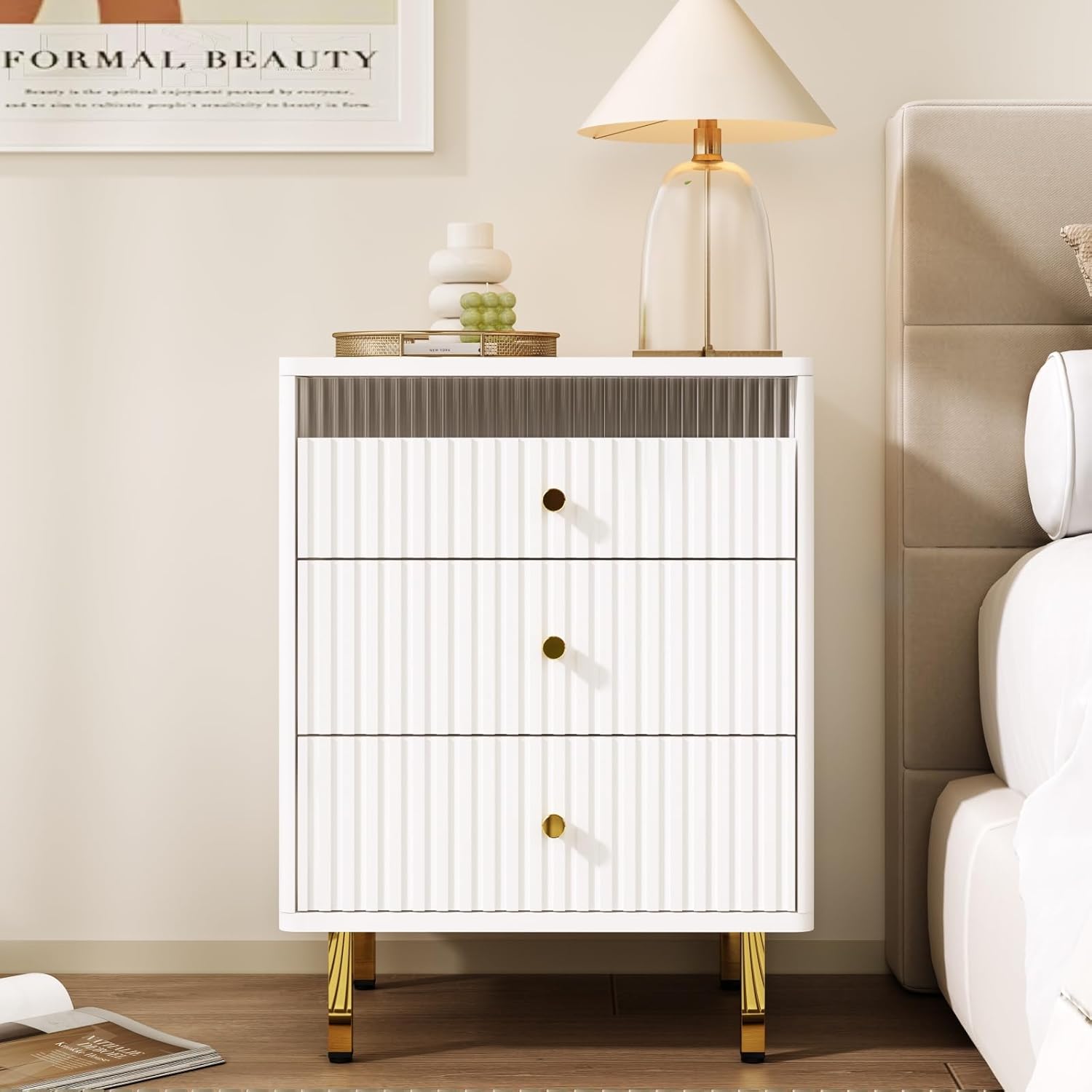 Night Stand, Fluted White Nightstand with 3 Drawers, End Table with Gold Legs and Handles