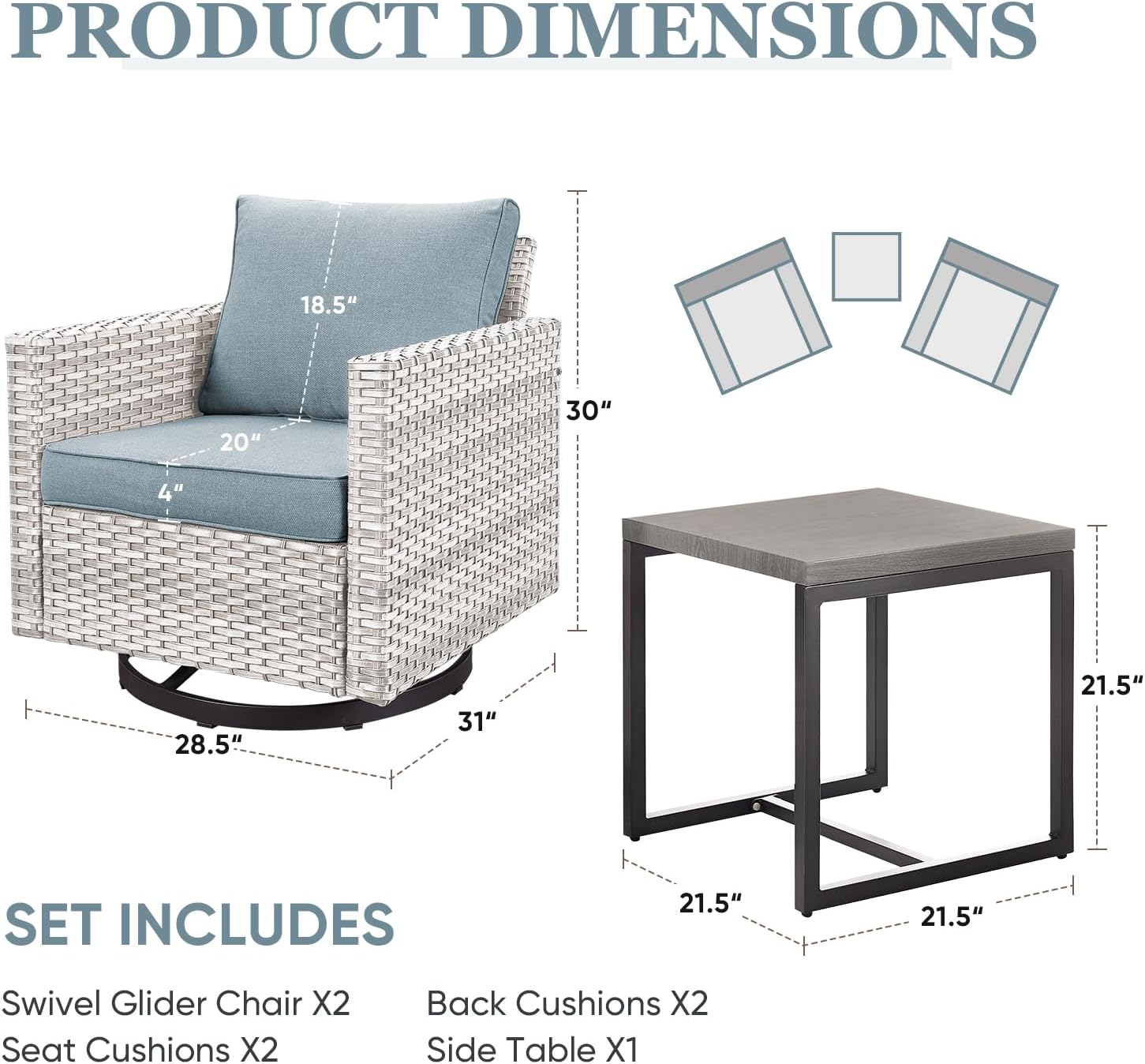 3-Piece Patio Swivel Chairs,PE Wicker Outdoor Rocking Chairs Bistro Set with Side Table Porch Balcony Furniture with Cushions