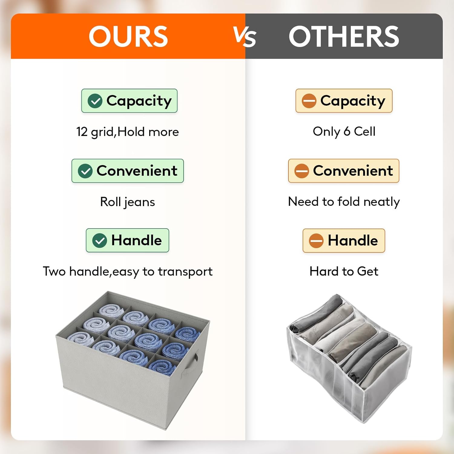 Jeans Organizer for Closet, Large Size Pants Storage Bins 12 Cell, Foldable Clothes Drawer Organizer