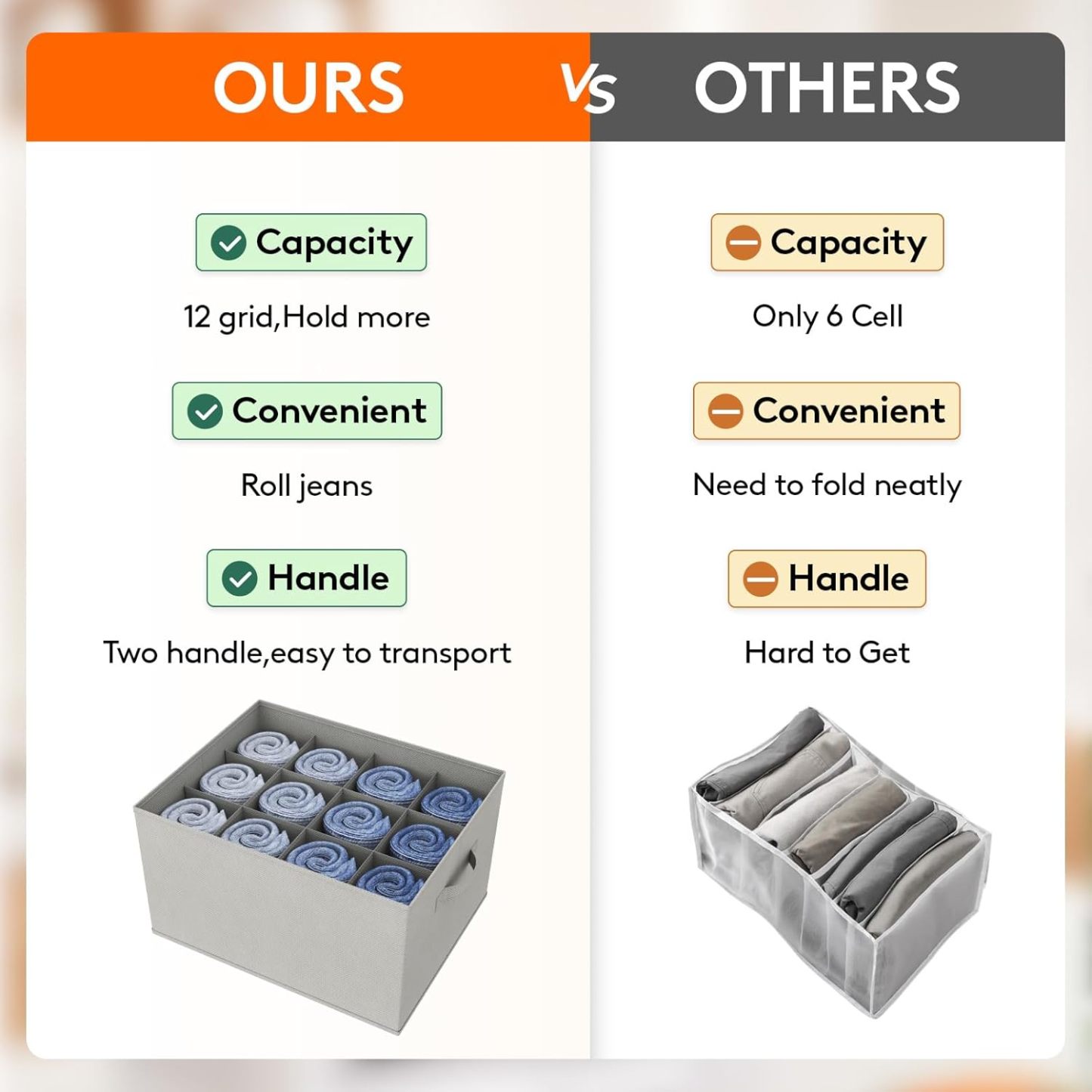 Jeans Organizer for Closet, Large Size Pants Storage Bins 12 Cell, Foldable Clothes Drawer Organizer