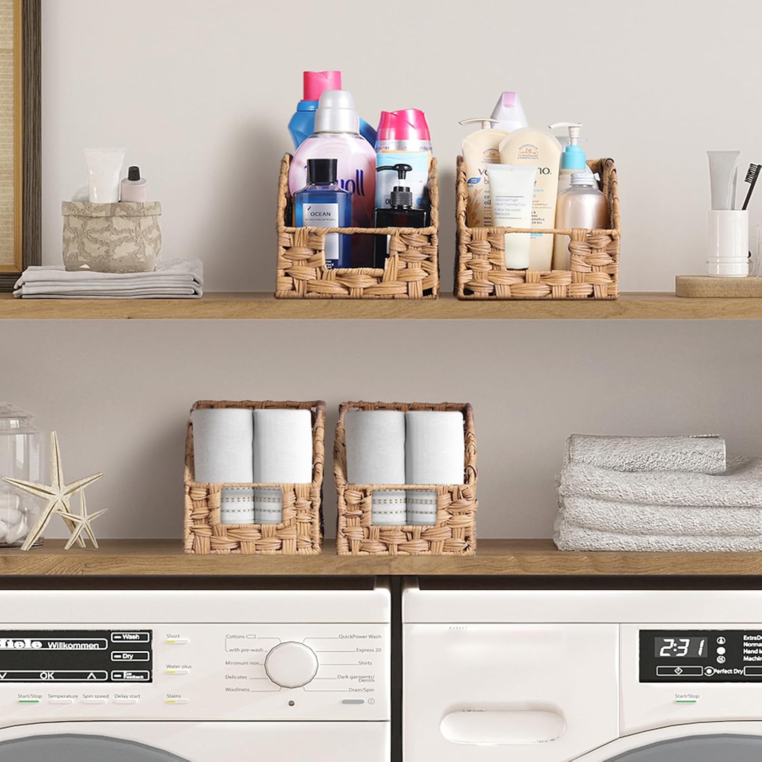 Handwoven PP Wicker Storage Basket, Waterproof Imitation Rattan Basket with Built-in Handles, Trapezoid Baskets for Organizing Shelves