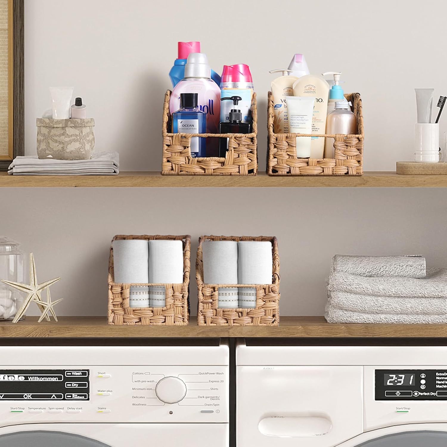 Handwoven PP Wicker Storage Basket, Waterproof Imitation Rattan Basket with Built-in Handles, Trapezoid Baskets for Organizing Shelves