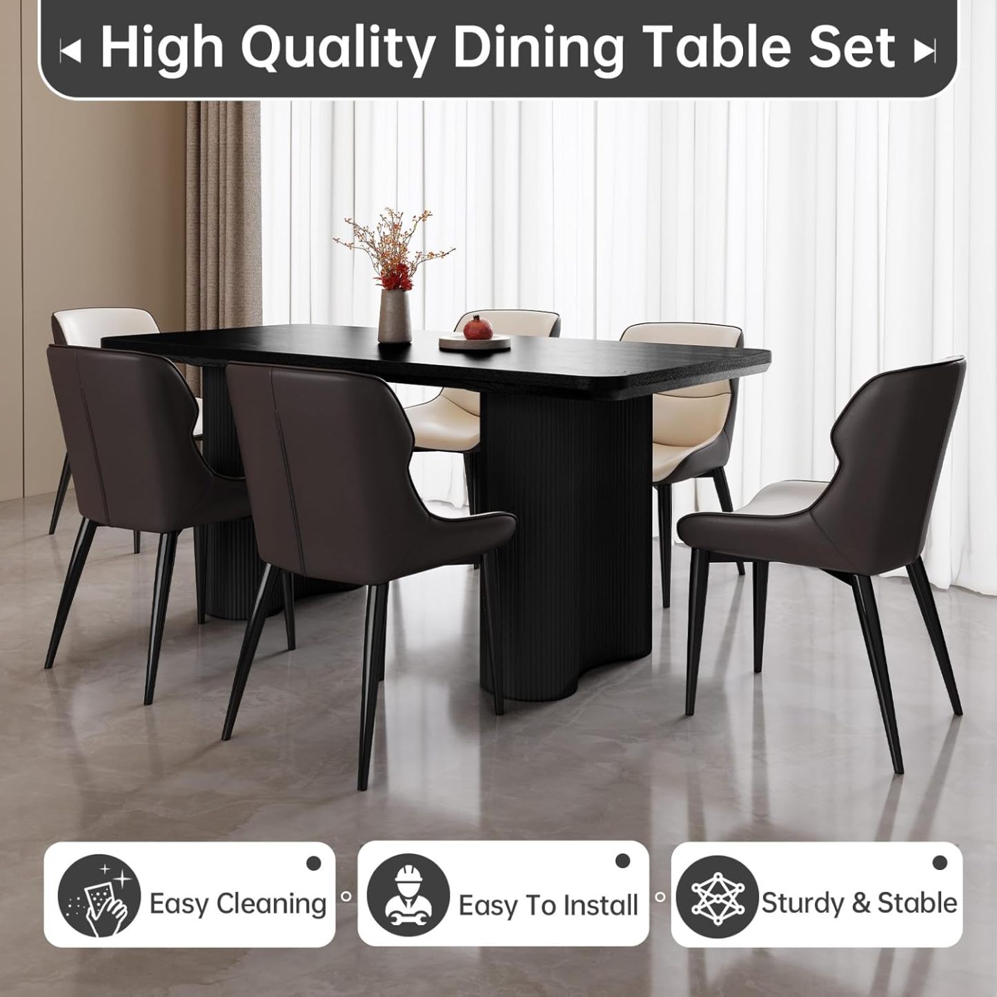 63" Black Dining Table, Modern Kitchen Table with Spacious Desktop, Kitchen Dining Table with Sturdy Sleek Wave Support Pedestal for Dining Room