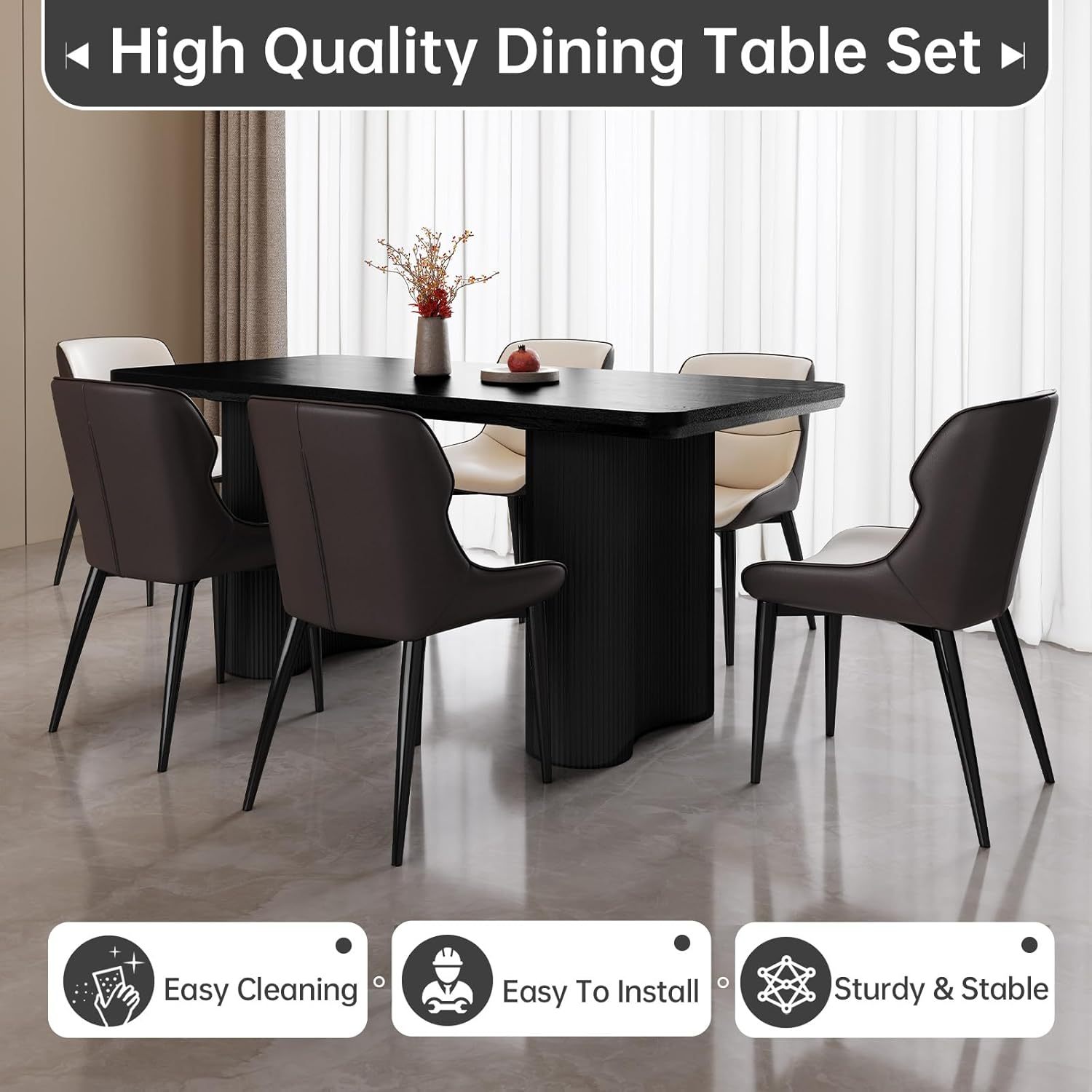 63" Black Dining Table, Modern Kitchen Table with Spacious Desktop, Kitchen Dining Table with Sturdy Sleek Wave Support Pedestal for Dining Room
