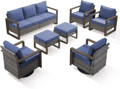 Outdoor Patio Furniture-7 Piece All-Weather Outdoor Furniture Set Wood Grain Wide Armrest Outdoor Chairs with Rattan Wicker Sofa