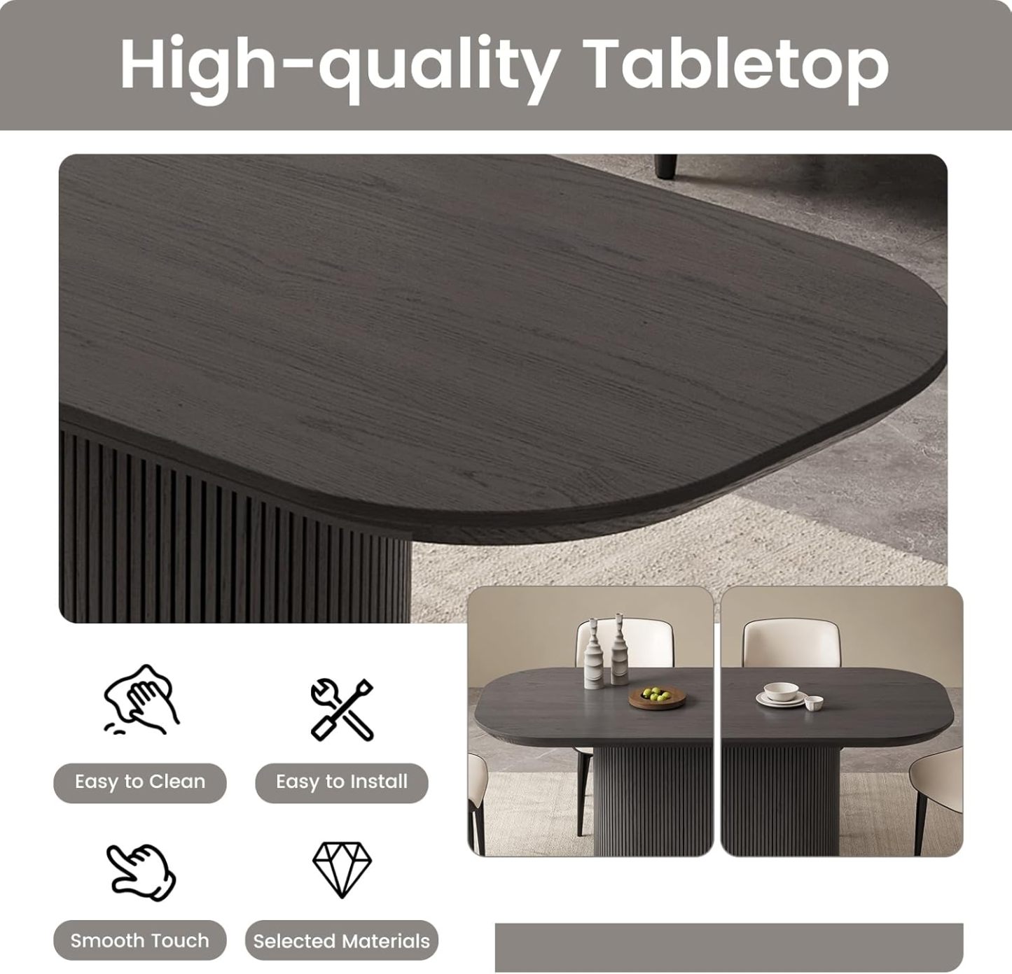 63" Oval Dining Table for 2-6 Person, Modern Black Kitchen Table, Luxury Rectangular Dinner Table