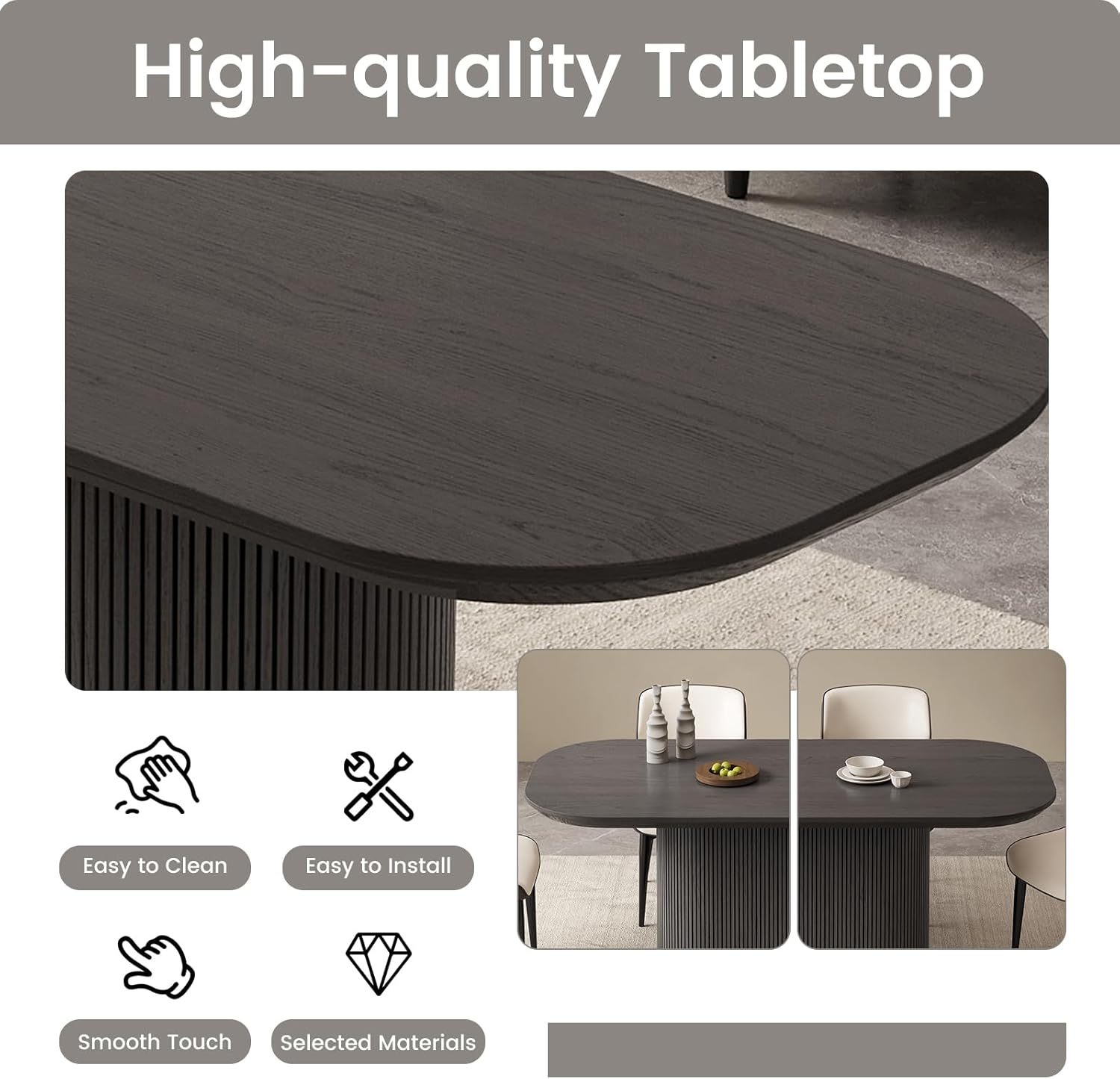 63" Oval Dining Table for 2-6 Person, Modern Black Kitchen Table, Luxury Rectangular Dinner Table