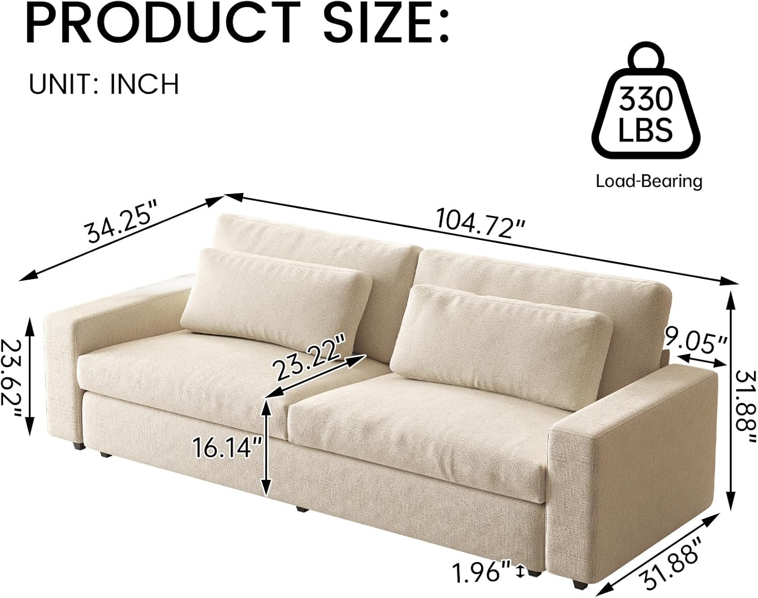 104" Spacious Modular Sofa Couch, Comfy Poofy Cloud Sofa with Armrest and Pillows, Modern White Couch with Deep Seat