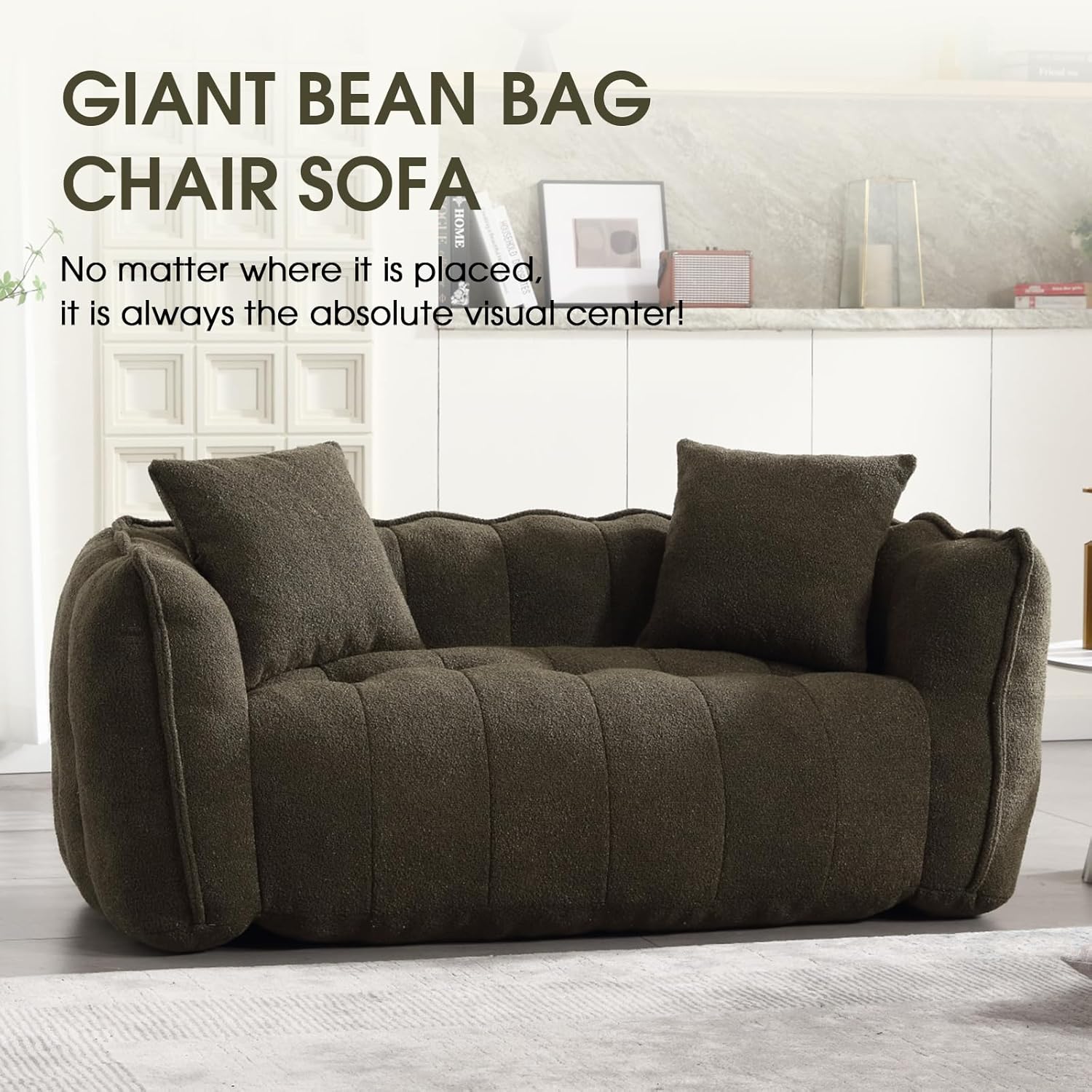 Giant Bean Bag Sofa Chair, Teddy Upholstered Bean Bag Couch with Petal Backrest, Tufted Lazy Sofa with Two Pillows