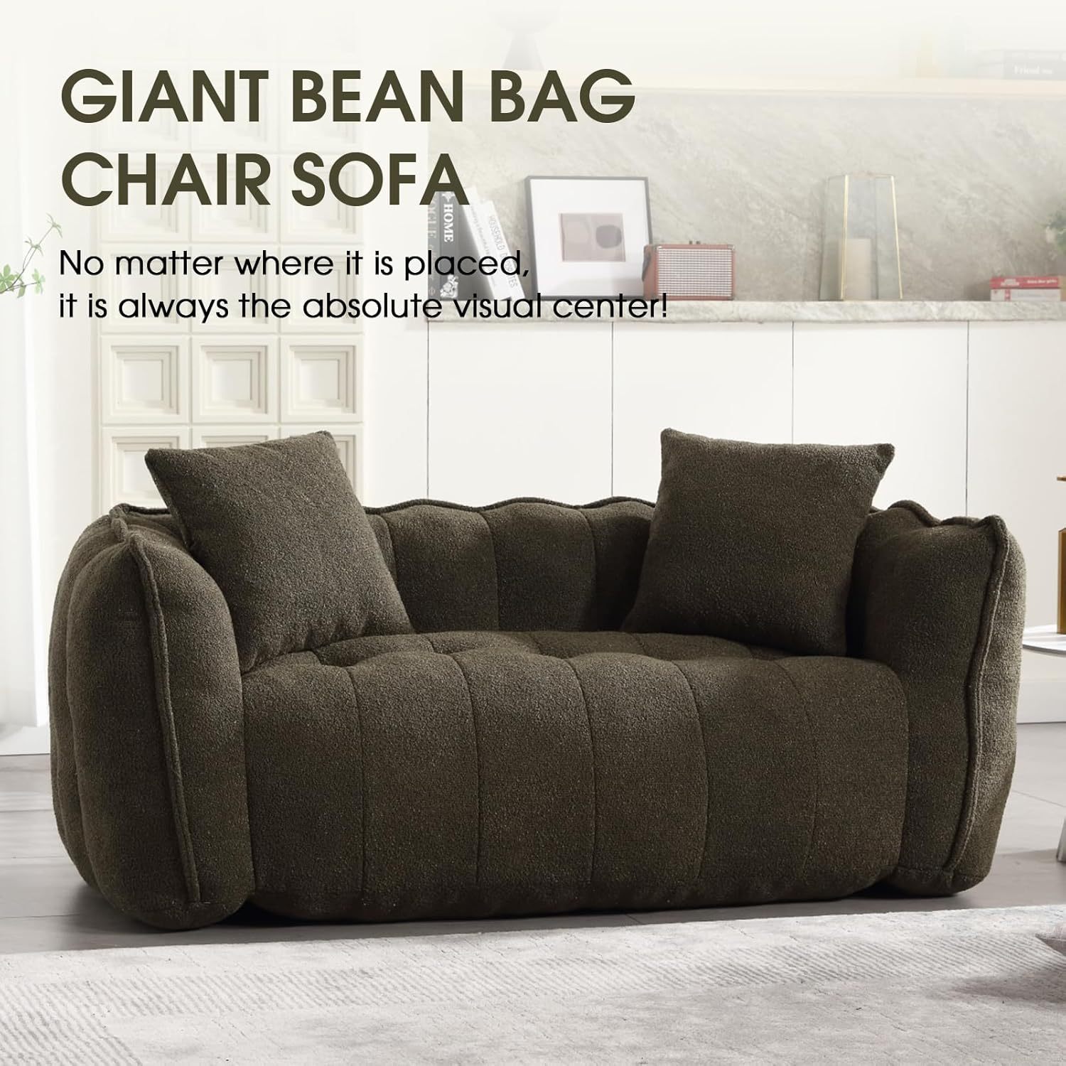 Giant Bean Bag Sofa Chair, Teddy Upholstered Bean Bag Couch with Petal Backrest, Tufted Lazy Sofa with Two Pillows