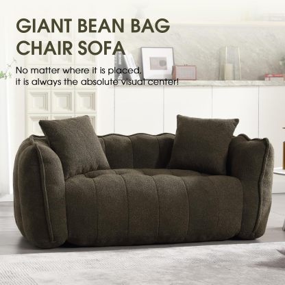Giant Bean Bag Sofa Chair, Teddy Upholstered Bean Bag Couch with Petal Backrest, Tufted Lazy Sofa with Two Pillows