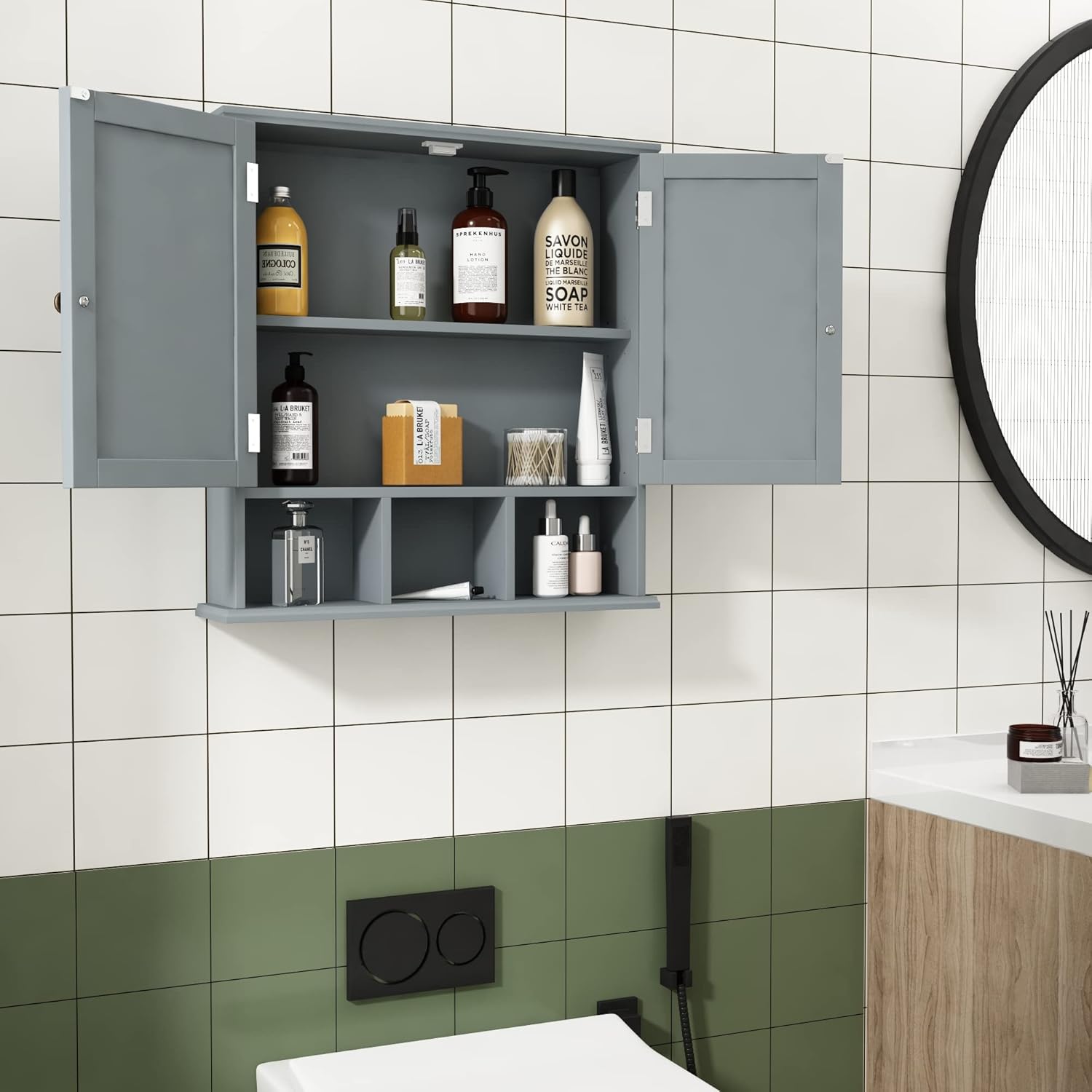 Bathroom Cabinet Wall Mounted 2-Door with 3 Open Shelves, Wooden Medicine Cabinets with Adjustable Shelf