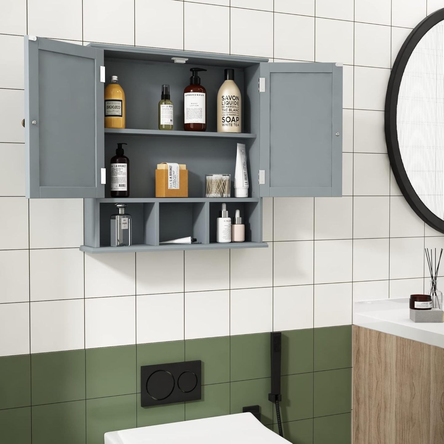 Bathroom Cabinet Wall Mounted 2-Door with 3 Open Shelves, Wooden Medicine Cabinets with Adjustable Shelf