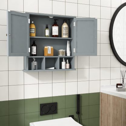 Bathroom Cabinet Wall Mounted 2-Door with 3 Open Shelves, Wooden Medicine Cabinets with Adjustable Shelf