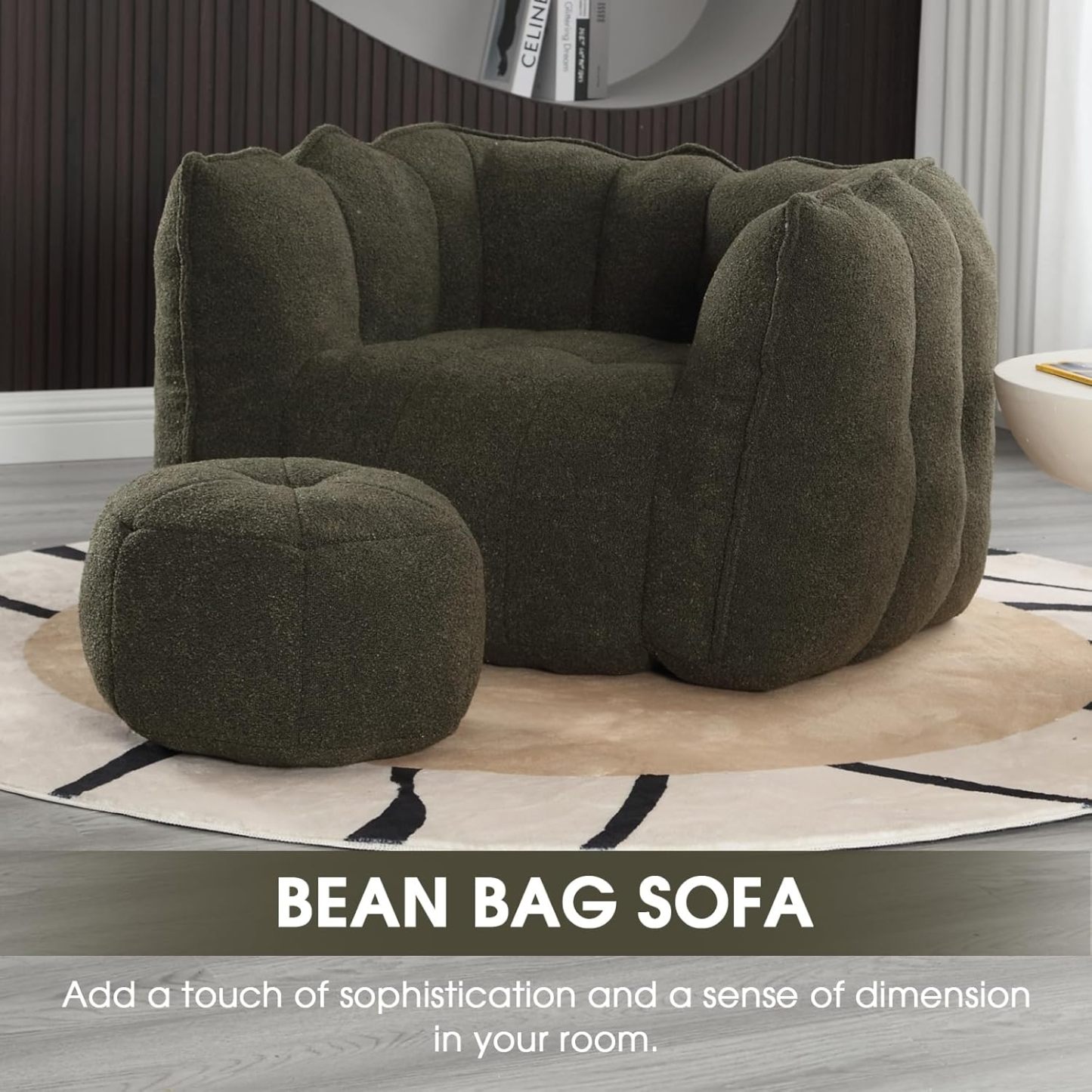 Bean Bag Chair, Teddy Upholstered Bean Bag Sofa with Round Ottoman, Stuffed Bean Bag Couch with Petal Backrest