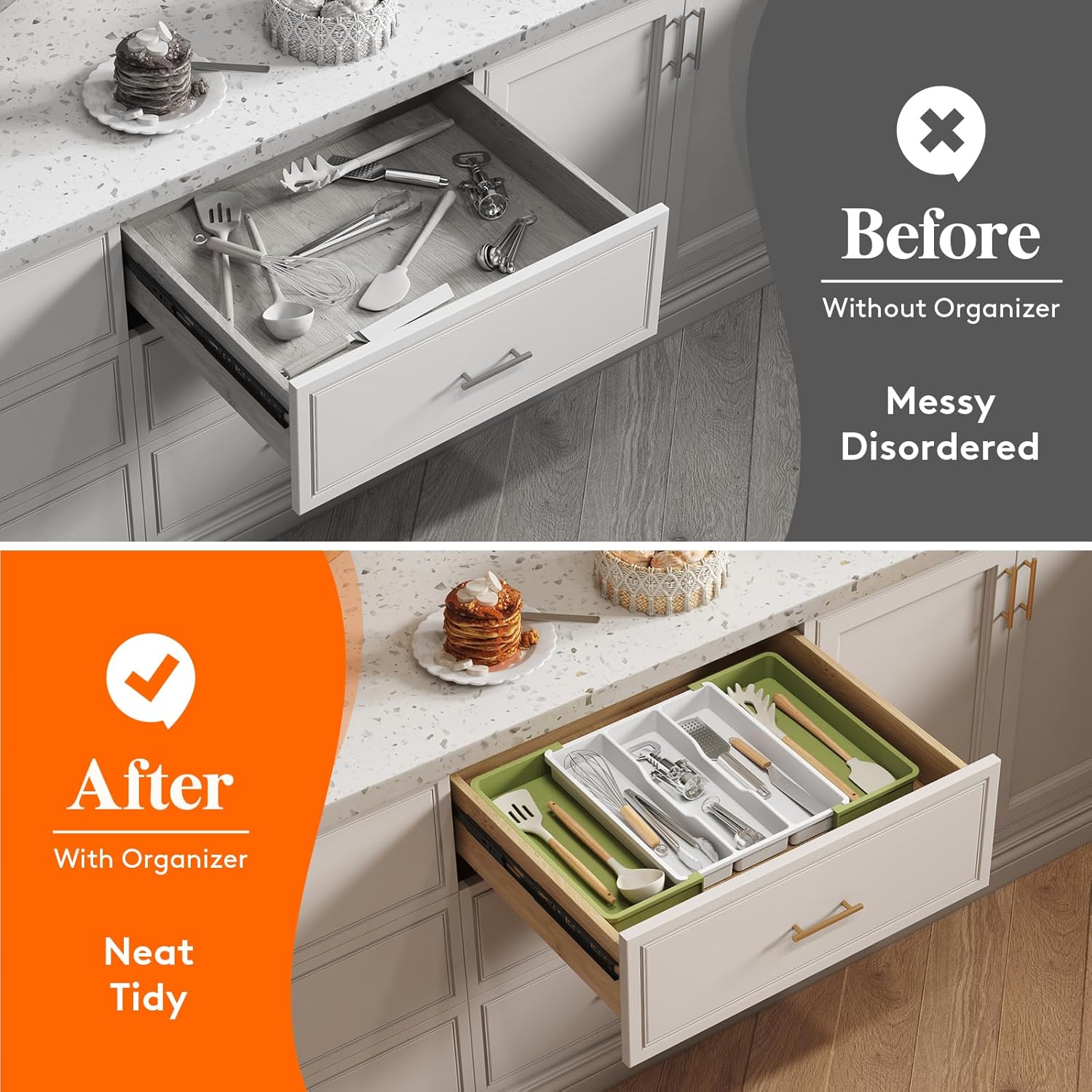 Utensil Organizer for Kitchen Drawers, Expandable Cooking Utensil Tray, Adjustable Cutlery Silverware Flatware Holder