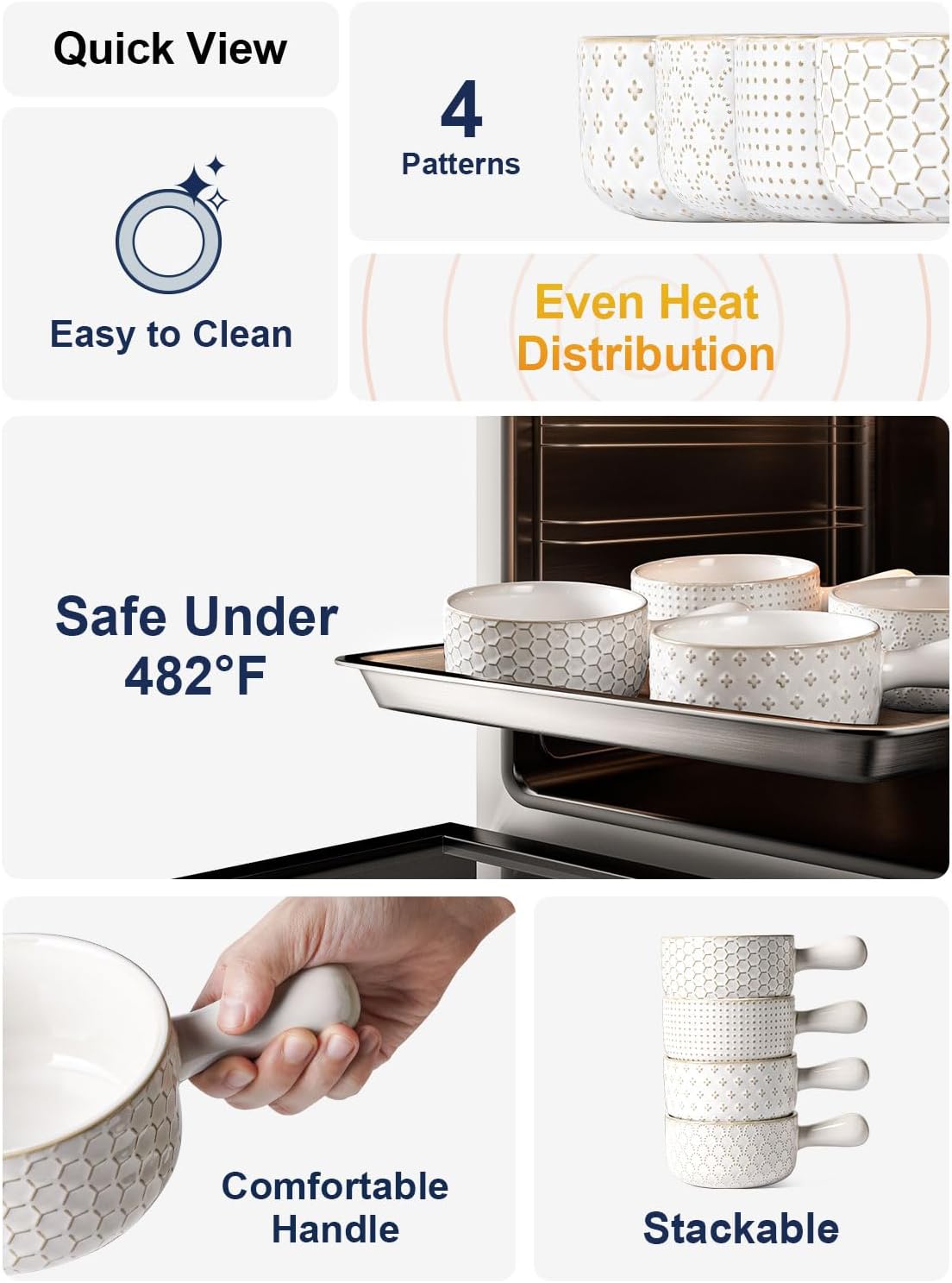 French Onion Soup Bowls, 18 Ounce Soup Bowls With Handles for Chili, Beef Stew, French Onion Soup Crocks Oven Safe - 5 inch, Set of 4, Arctic White