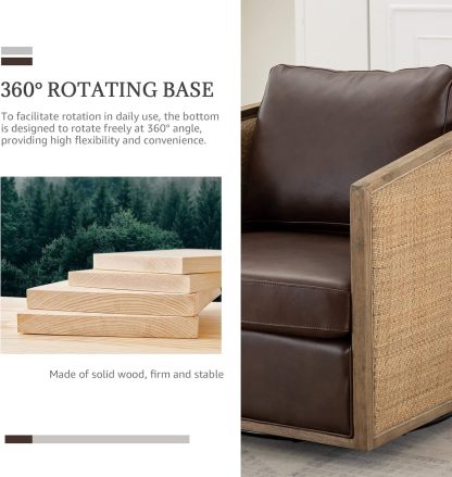 Swivel Barrel Chair with Rattan Design, Leather Accent Sofa Chair, Club Chair with Pillow, Leisure Arm Chair for Living Room, Hotel, Bedroom