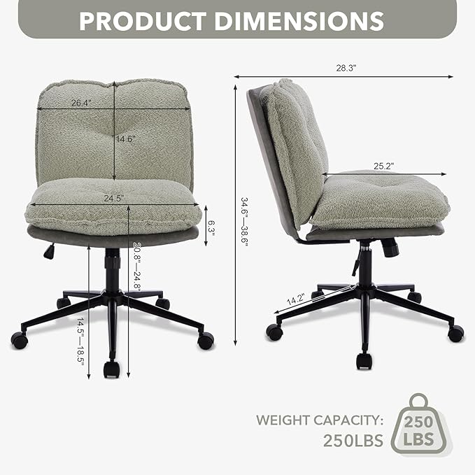 Home Office Chair, Teddy Upholstered Desk Chair with Thick Cushion, Armless Swivel Task Chair, Adjustable Height 360° Rolling Ergonomic Chair