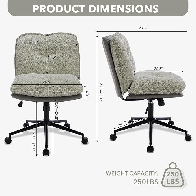 Home Office Chair, Teddy Upholstered Desk Chair with Thick Cushion, Armless Swivel Task Chair, Adjustable Height 360° Rolling Ergonomic Chair