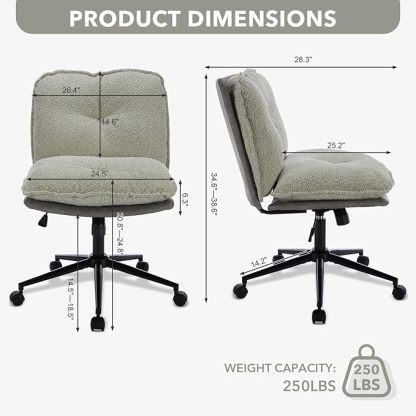 Home Office Chair, Teddy Upholstered Desk Chair with Thick Cushion, Armless Swivel Task Chair, Adjustable Height 360° Rolling Ergonomic Chair