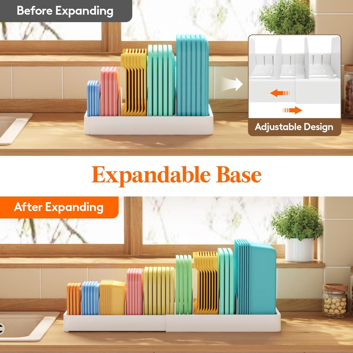 Lid Organizers for Cabinet Adjustable, Extra Large 13-24" Food Storage Container Lid Divider with 8 Inserts & 21 Compartments