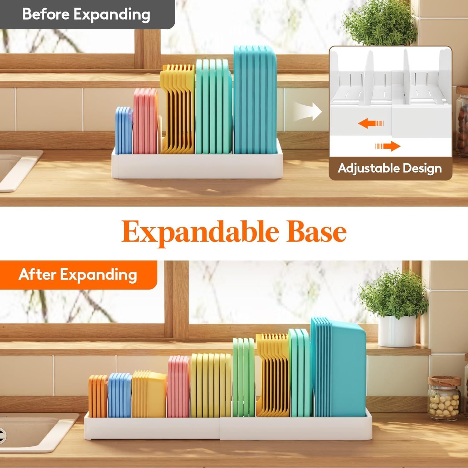 Lid Organizers for Cabinet Adjustable, Extra Large 13-24" Food Storage Container Lid Divider with 8 Inserts & 21 Compartments