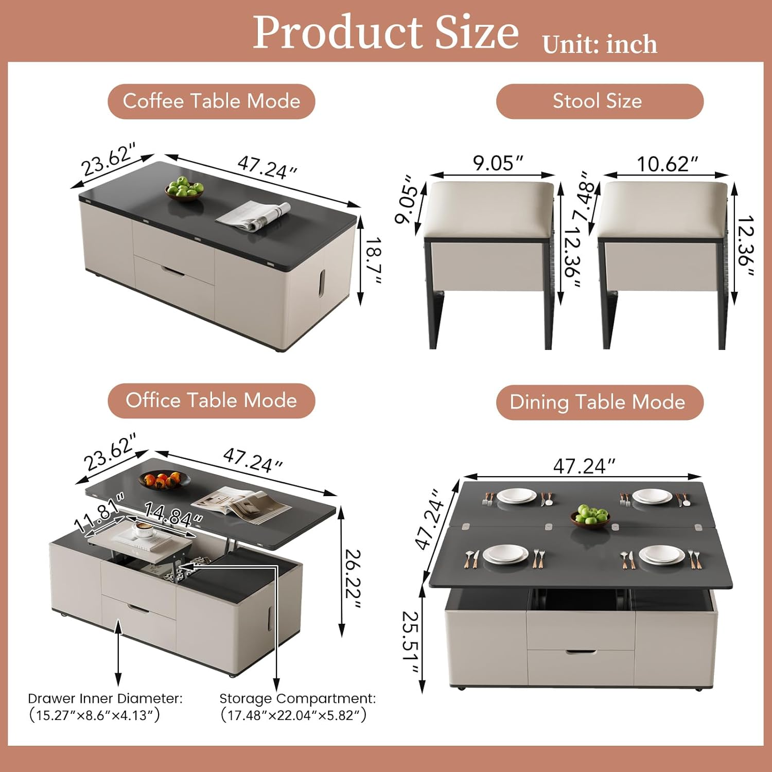 Lift Top Coffee Table with 2 Seats Set, Faux Marble Print Top Coffee Table with Movable Wheels,Convertible to Dining Table