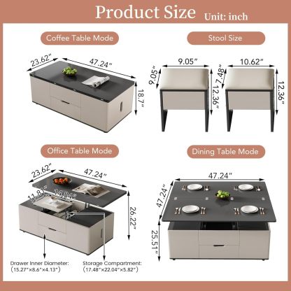 Lift Top Coffee Table with 2 Seats Set, Faux Marble Print Top Coffee Table with Movable Wheels,Convertible to Dining Table