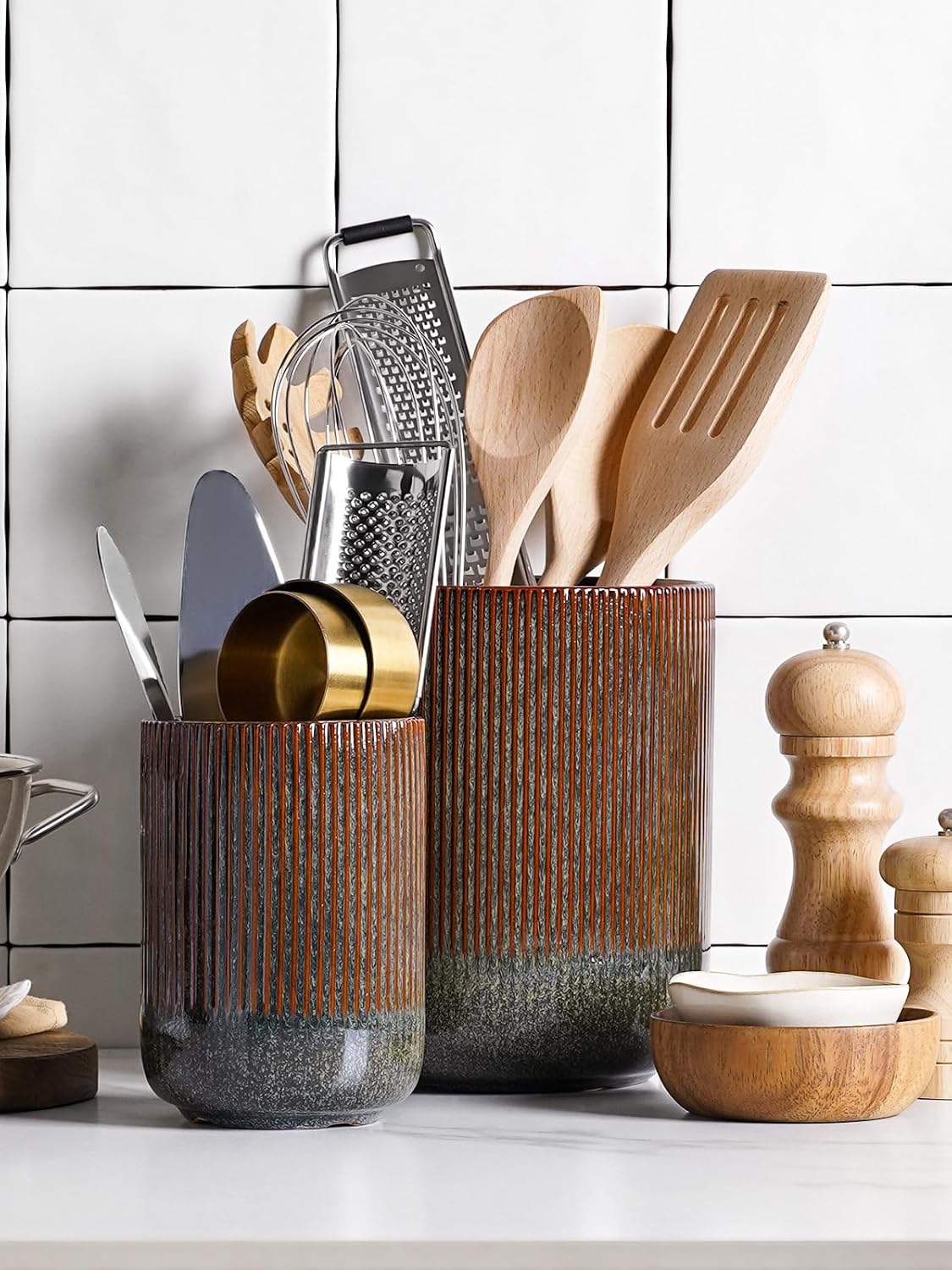 Utensil Holder, 7.3"+5.4" Ceramic Kitchen Utensil Holder for Countertop, Black Cooking Utensil Crocks for Kitchen Counter, Morden Utensil Organizer for Spatula, Set of 2, Marble Dark Olive