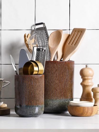 Utensil Holder, 7.3"+5.4" Ceramic Kitchen Utensil Holder for Countertop, Black Cooking Utensil Crocks for Kitchen Counter, Morden Utensil Organizer for Spatula, Set of 2, Marble Dark Olive