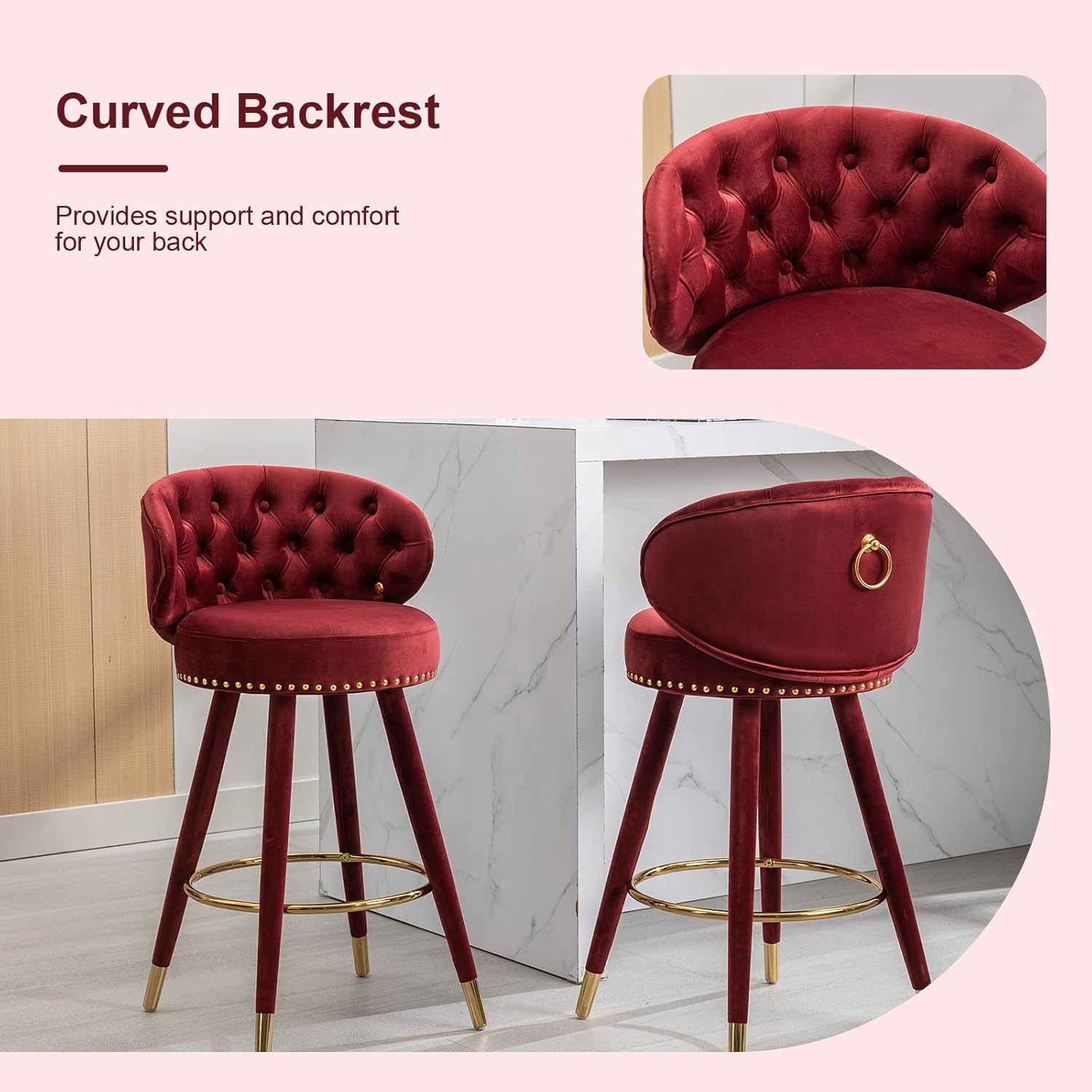 Velvet Bar Stools Set of 2, Counter Height Bar Stools, Retro Wooden Pub Barstools with Back and Footrest