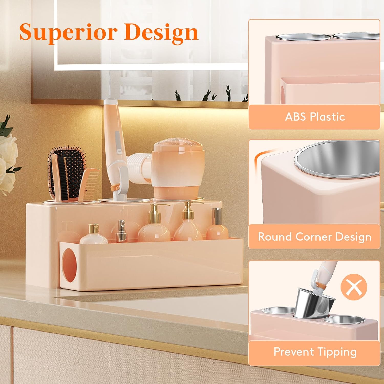 Hair Tool Organizer, Hair Blow Dryer Holder Countertop, Removable Acrylic Hair Brush Storage Stand