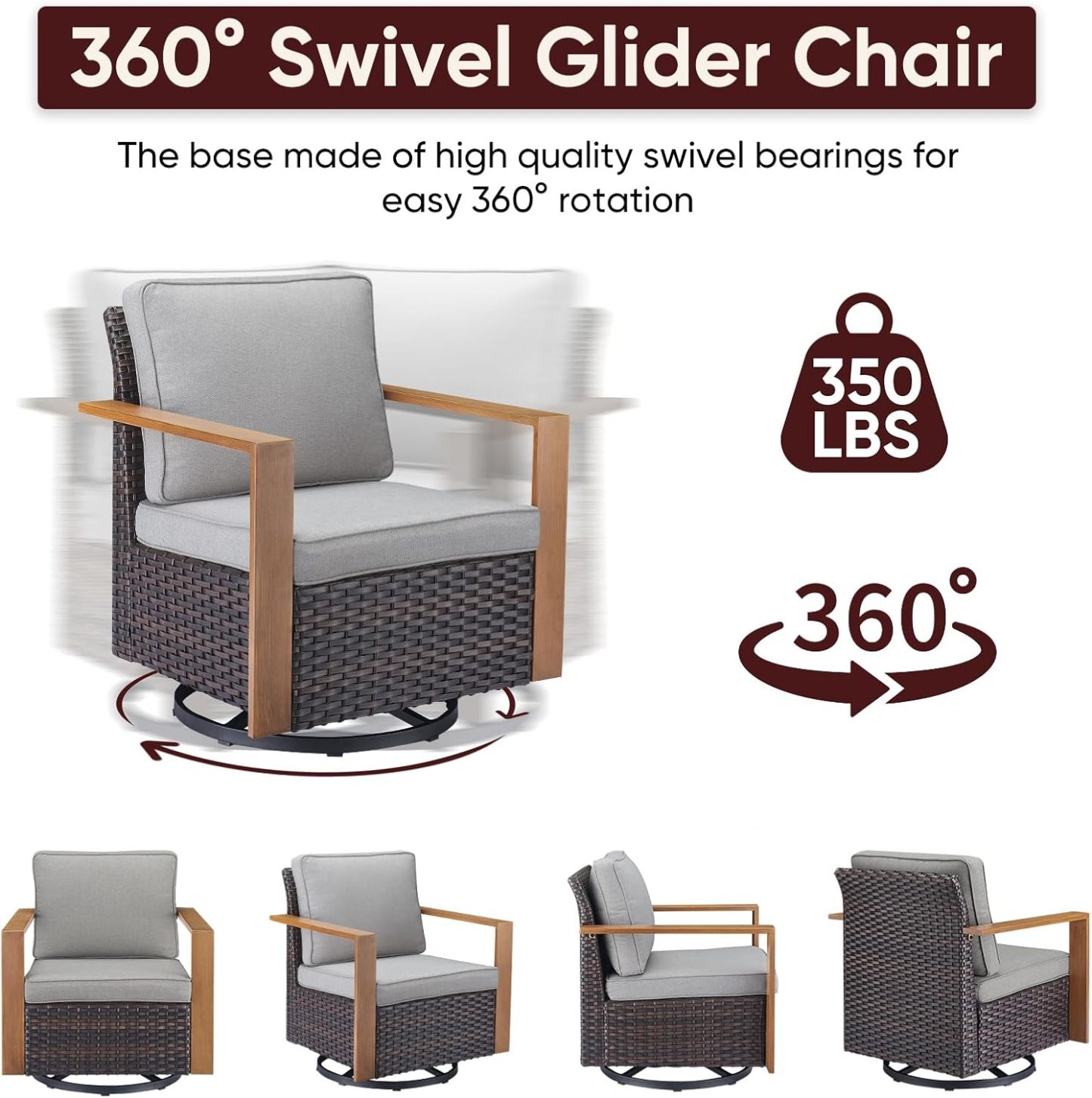 4 Piece Patio Furniture-High Back Swivel Glider Chair with Ottomans Outdoor Furniture Set for Deck Porch Balcony