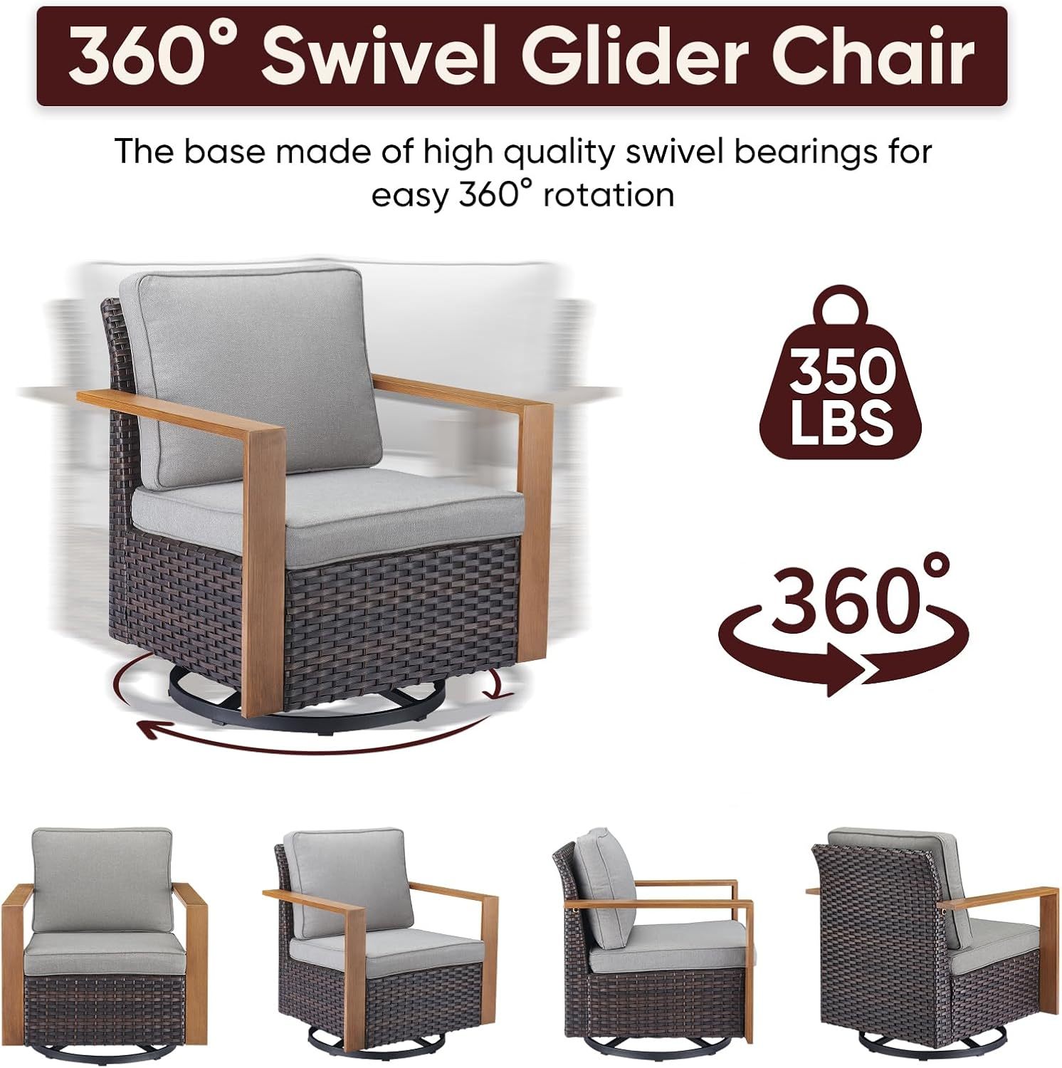 4 Piece Patio Furniture-High Back Swivel Glider Chair with Ottomans Outdoor Furniture Set for Deck Porch Balcony