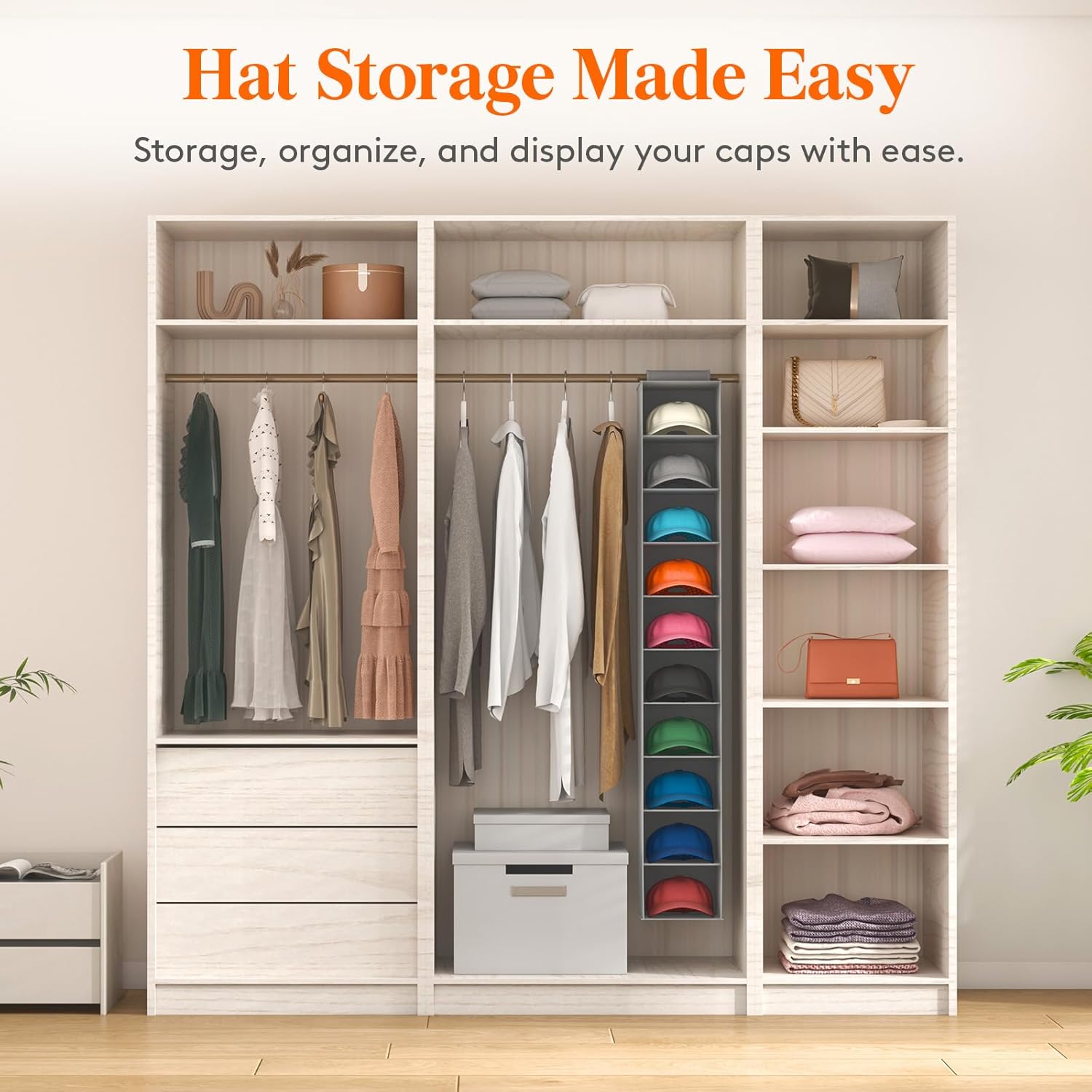 10 Compartments Hat Organizer for Baseball Caps, 1 Pack Hat Rack Hanging Storage Organizer