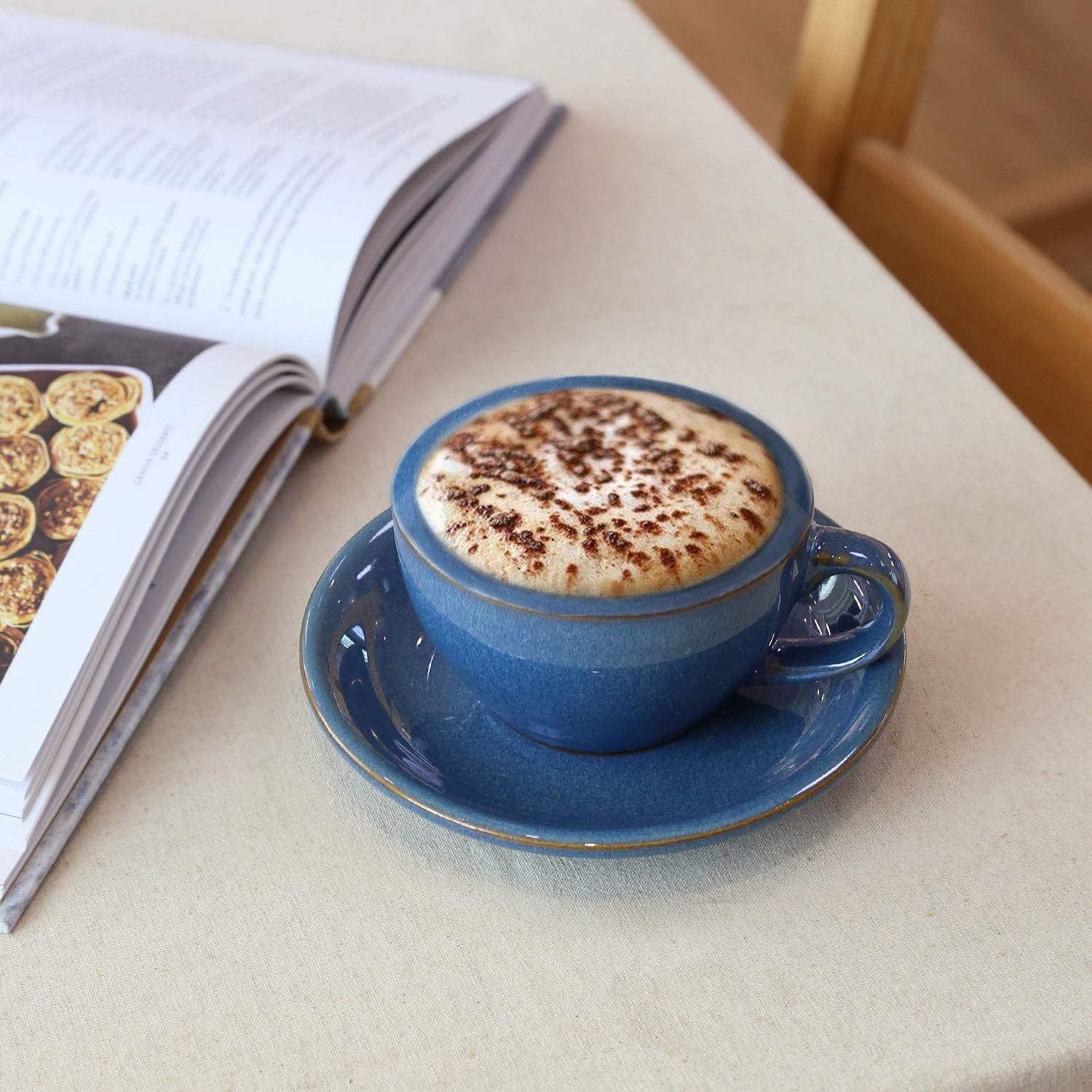 6 oz Cappuccino Cups with Saucers，Ceramic Coffee Cup for Au Lait, Double shot, Latte, Cafe Mocha, Tea - Set of 4, Ceylon Blue