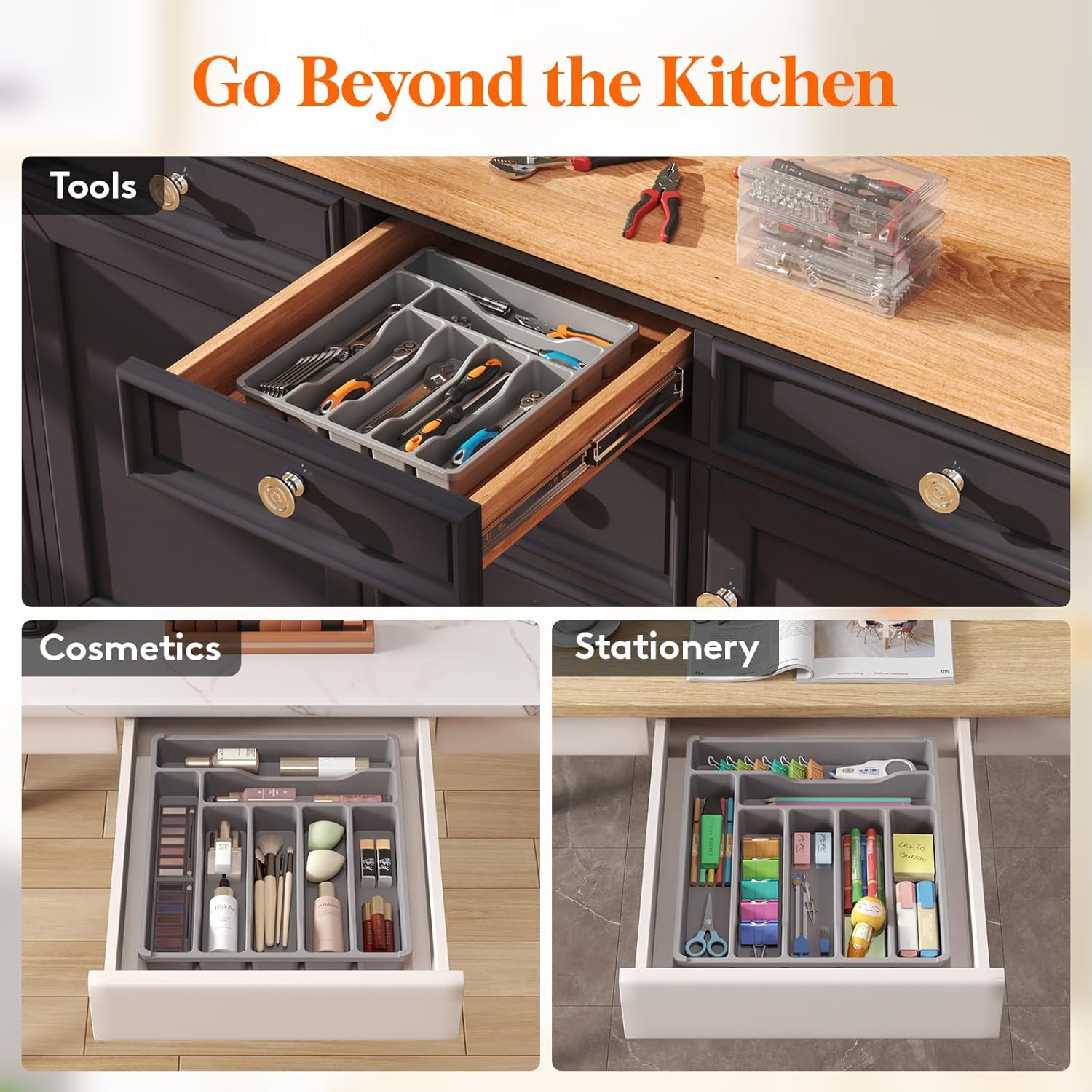 Silverware Drawer Organizer Tray, Plastic Cutlery Storage for Kitchen Drawer, Flatware and Utensil Holder Divider