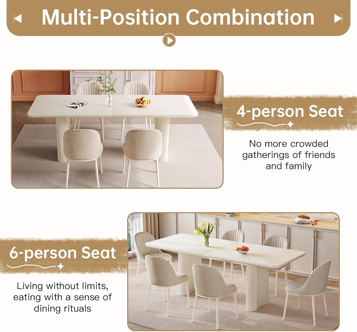 79" Rectangular Dining Table for 2-8, Large White Kitchen Table with 1.92" Dining Top and Sturdy Sleek Wave Pedestal