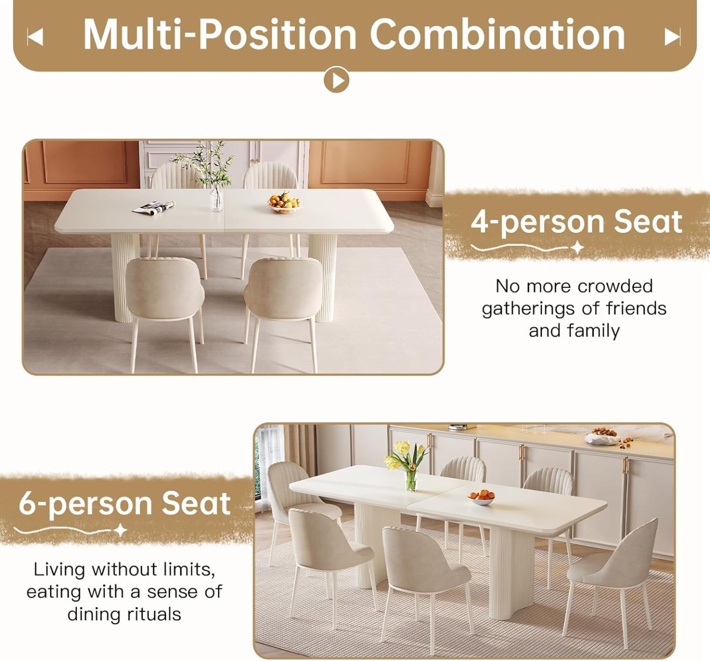 79" Rectangular Dining Table for 2-8, Large White Kitchen Table with 1.92" Dining Top and Sturdy Sleek Wave Pedestal